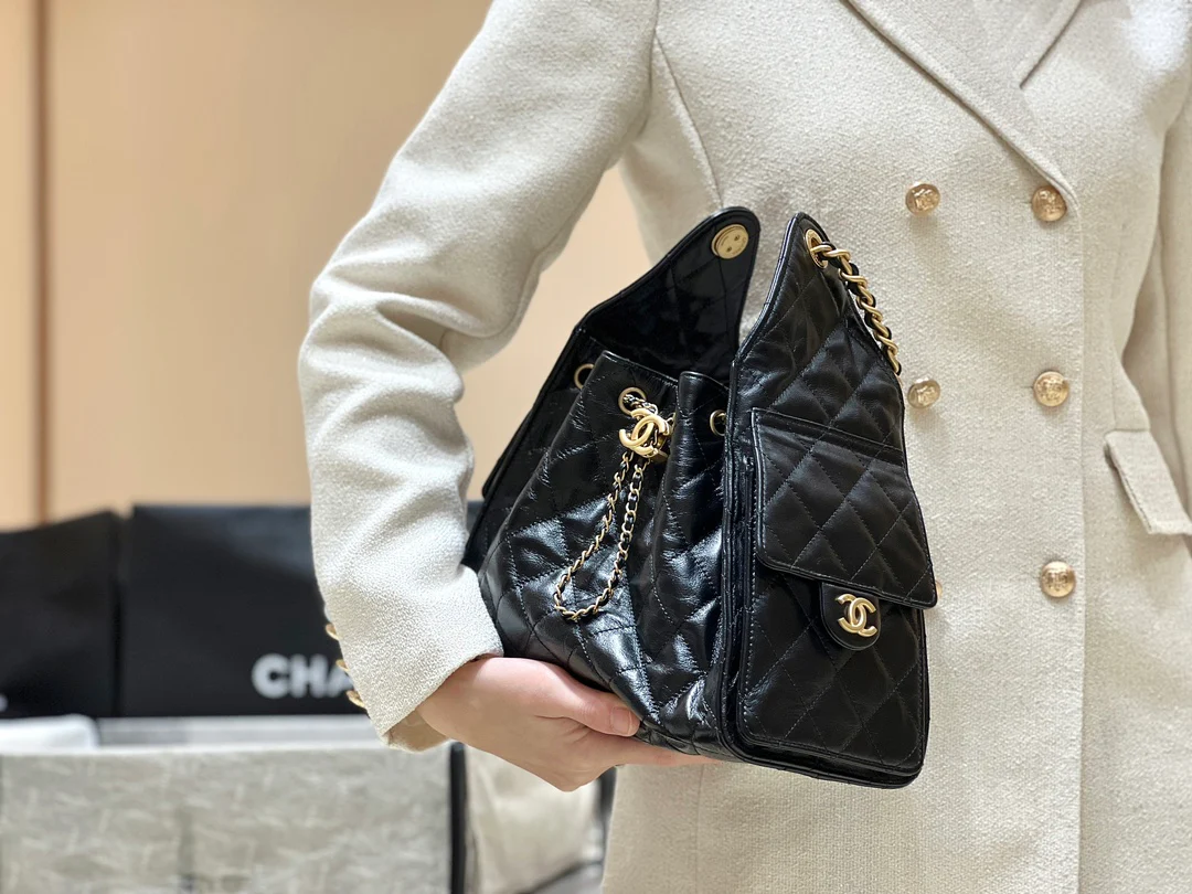 Сумка-ведро Chanel 25c 25bag из телячьей кожи с завязками, маленькая – черно-золотая