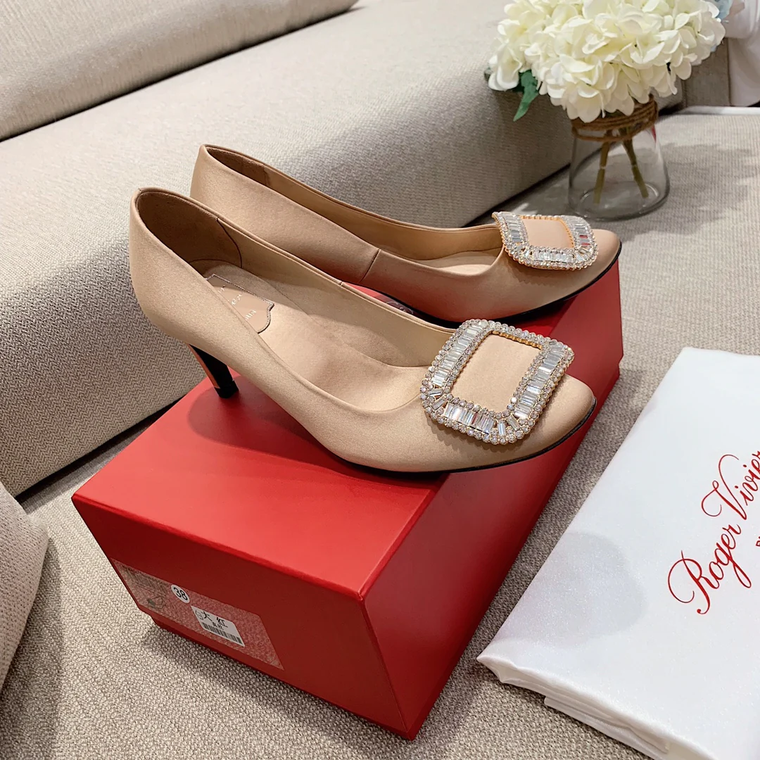 Каблук-банан RV-7-5 см - Шелковая пряжка со стразами - Розовый абрикосовый