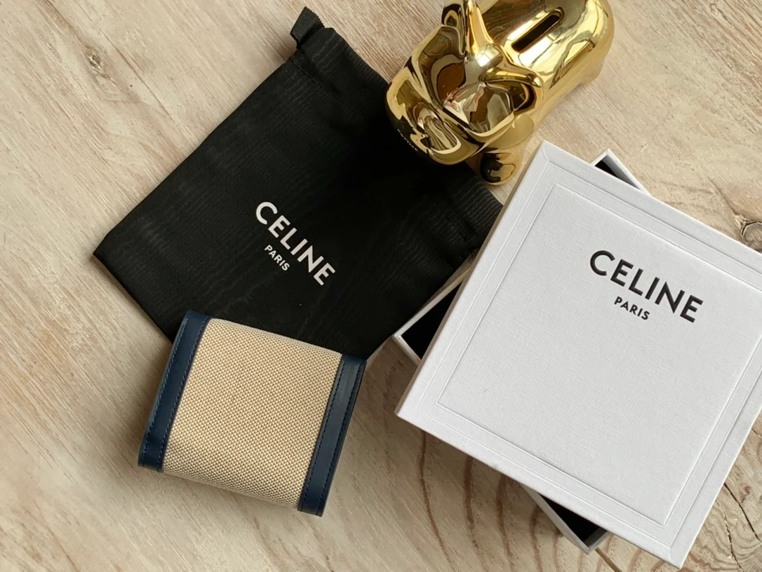 Celine 织物和牛皮革小号翻盖钱包