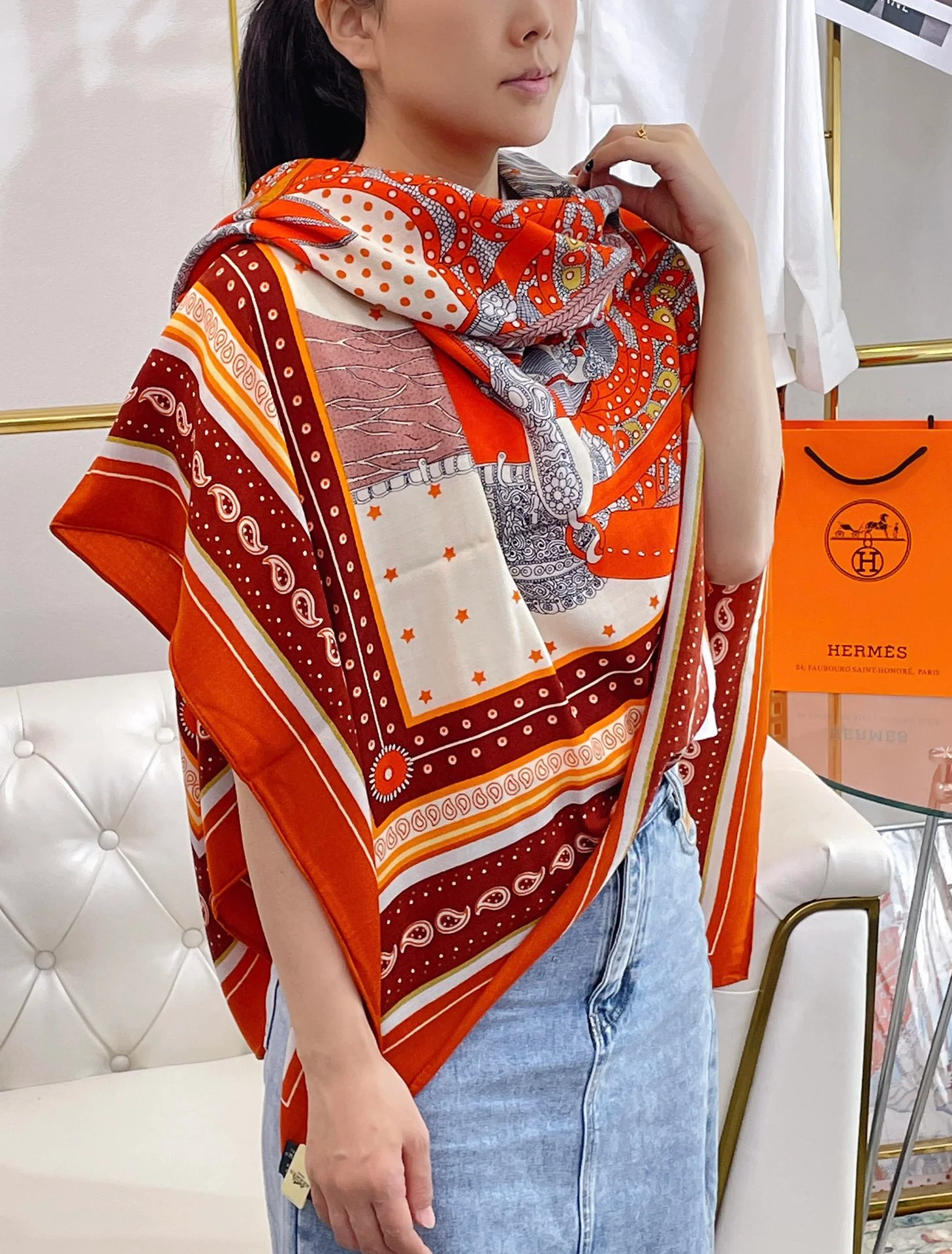 Большой двусторонний шелковый шарф Hermes - 140 см - 30 - Шелк 70 - Шерсть - 1