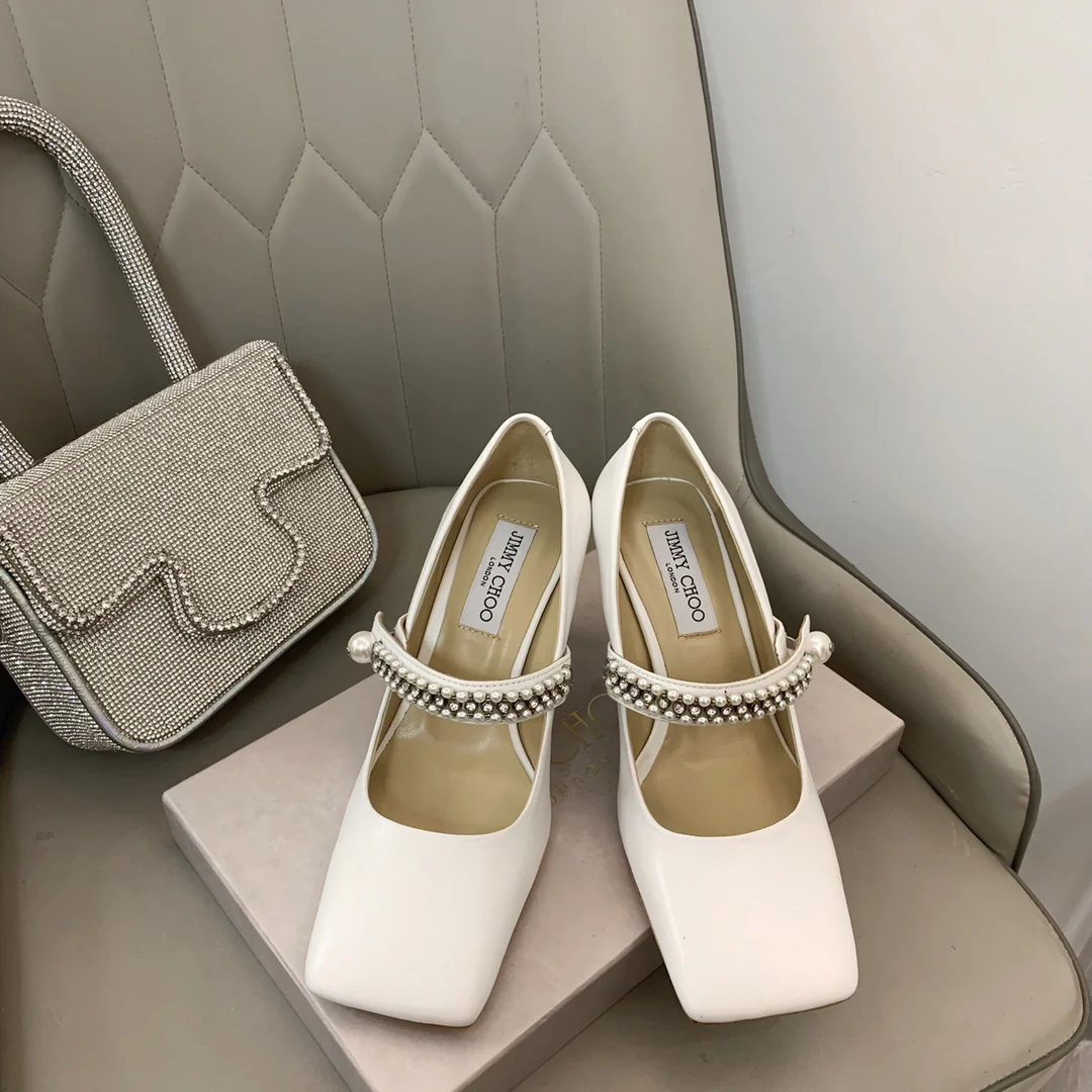 Туфли на высоком каблуке Jimmy с квадратным носком и пряжкой из жемчужной цепочки - 1