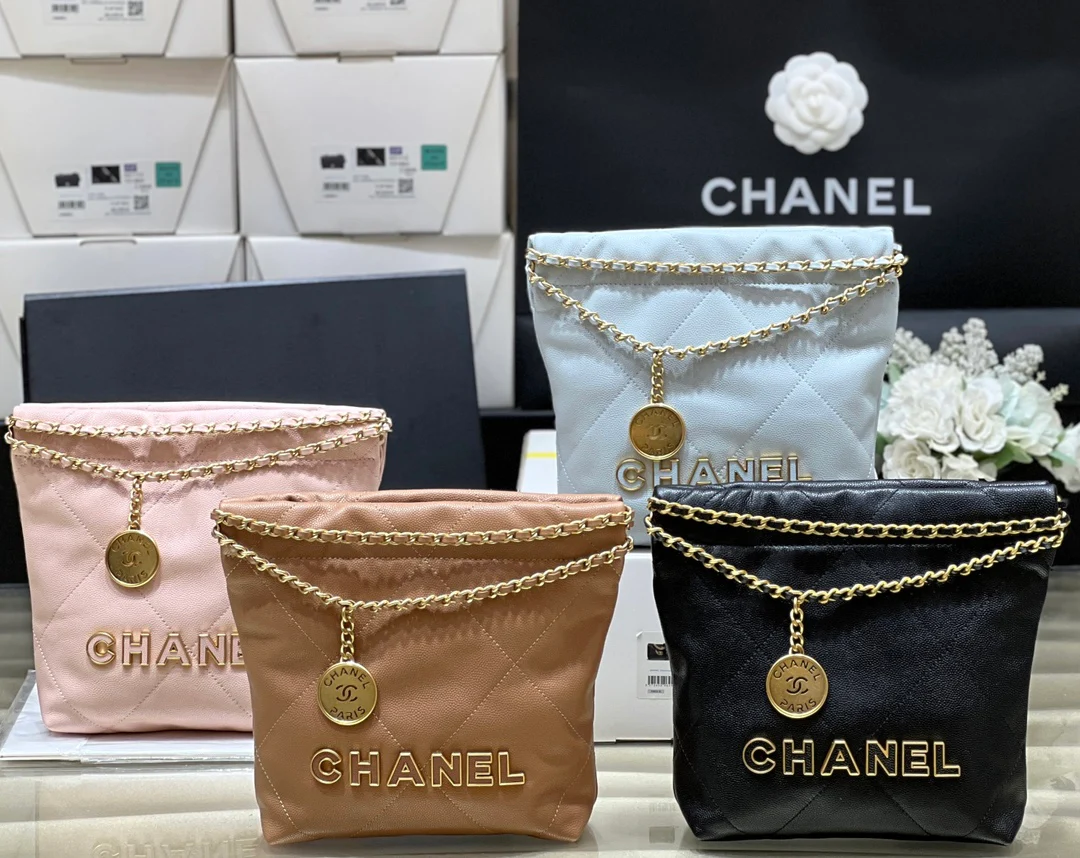 Миниатюрная металлическая кожаная мусорная сумка Chanel 25c - розовая