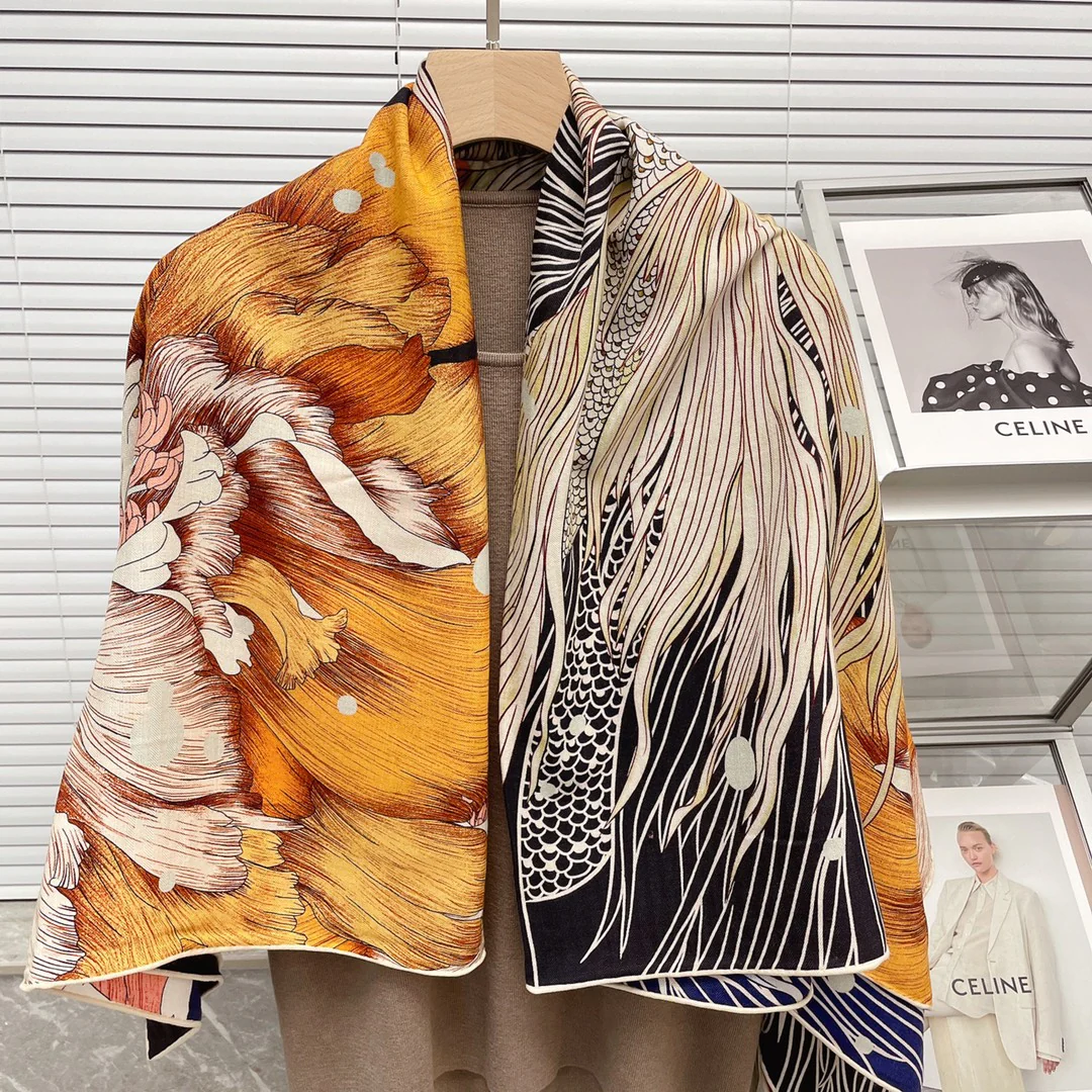 Большой двусторонний шарф Hermes - 136 см - 30 - Шелк 70 - Шерсть - 9