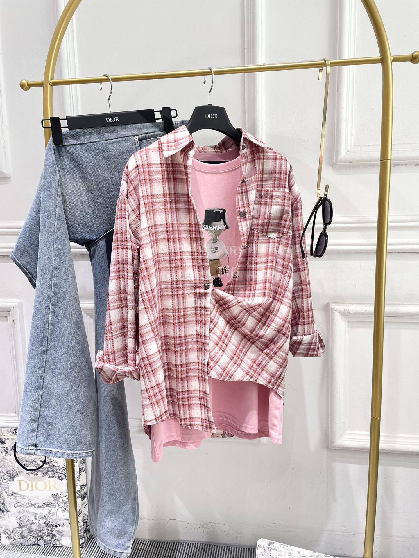 Miu Miu - 2404 - Классическая клетчатая рубашка, украшенная стразами - Красная