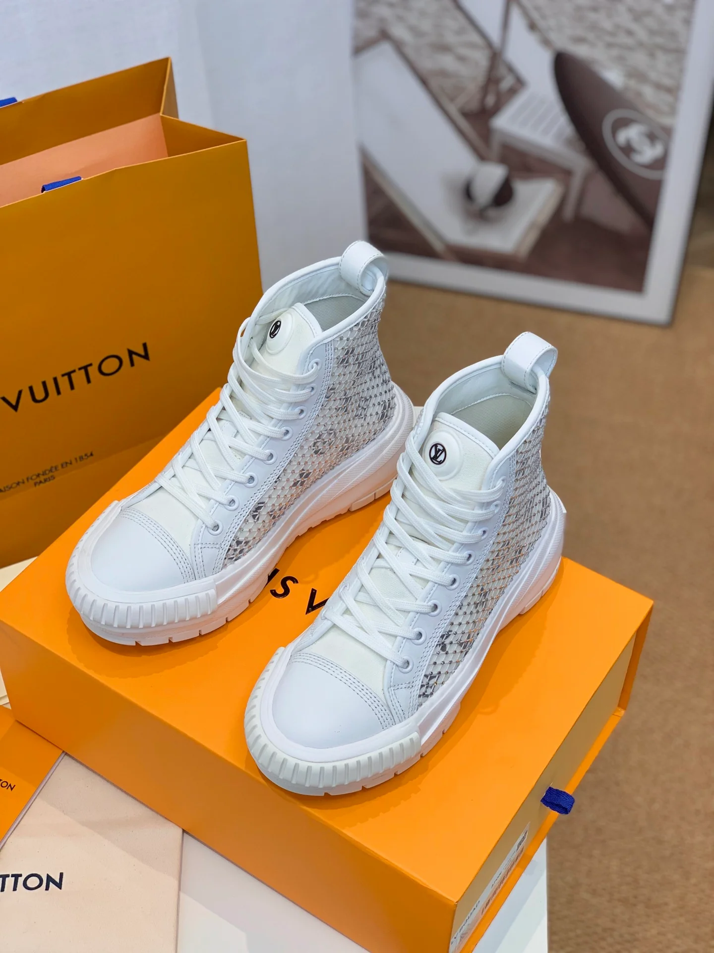 Обувь LV - LV Squad - Верх из сетчатого материала с кристаллами - Высокие повседневные туфли