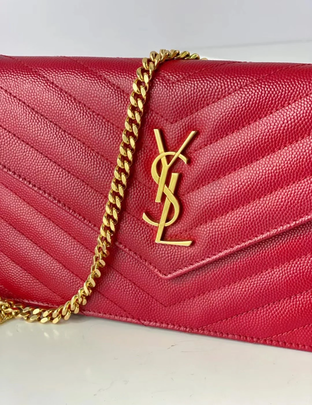 YSL Monogram Caviar WOC Red with Gold buckle 19cm