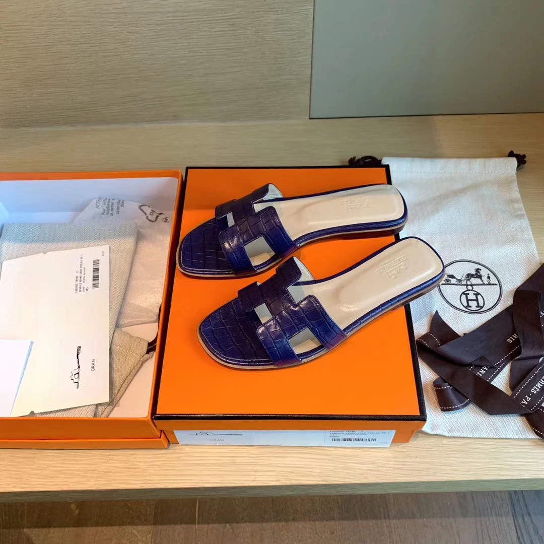 Классические тапочки Hermes с буквой H - Каменно-голубые