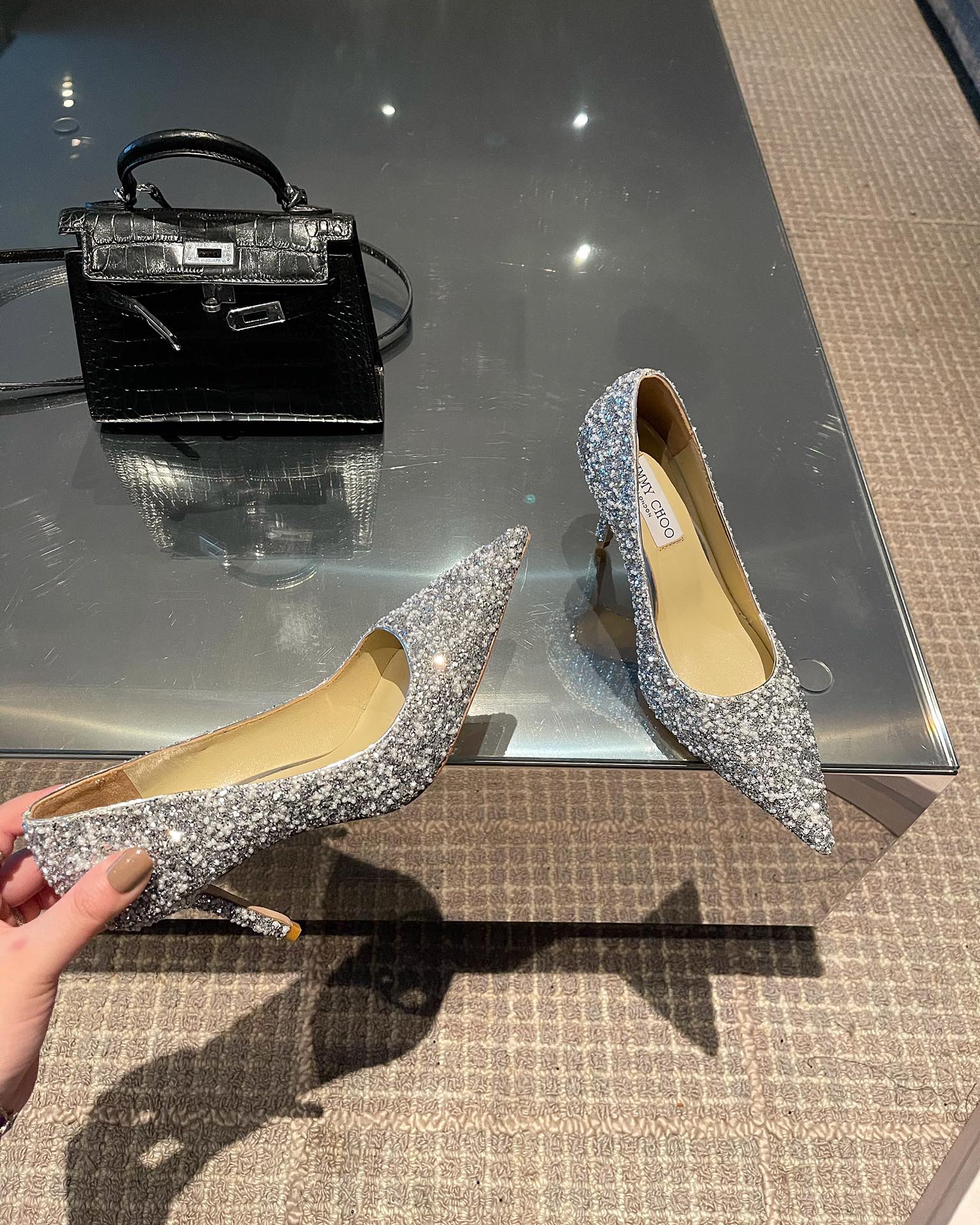 Туфли на высоком каблуке Jimmy с блестками и жемчугом - серебристые - 8 см