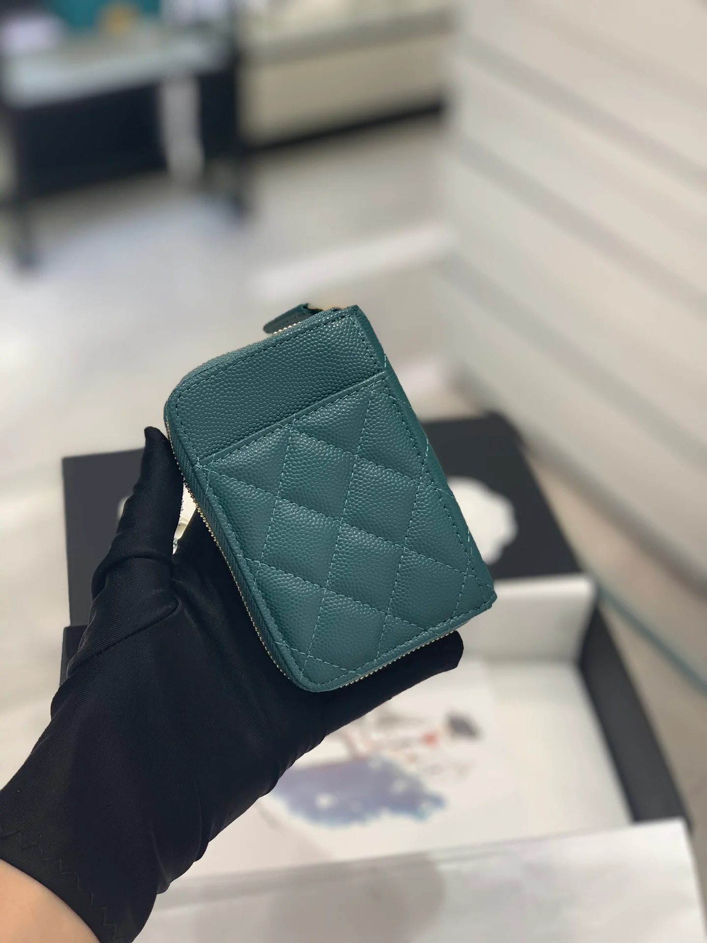 Chanel-菱格纹拉链卡包钱包 湖水绿