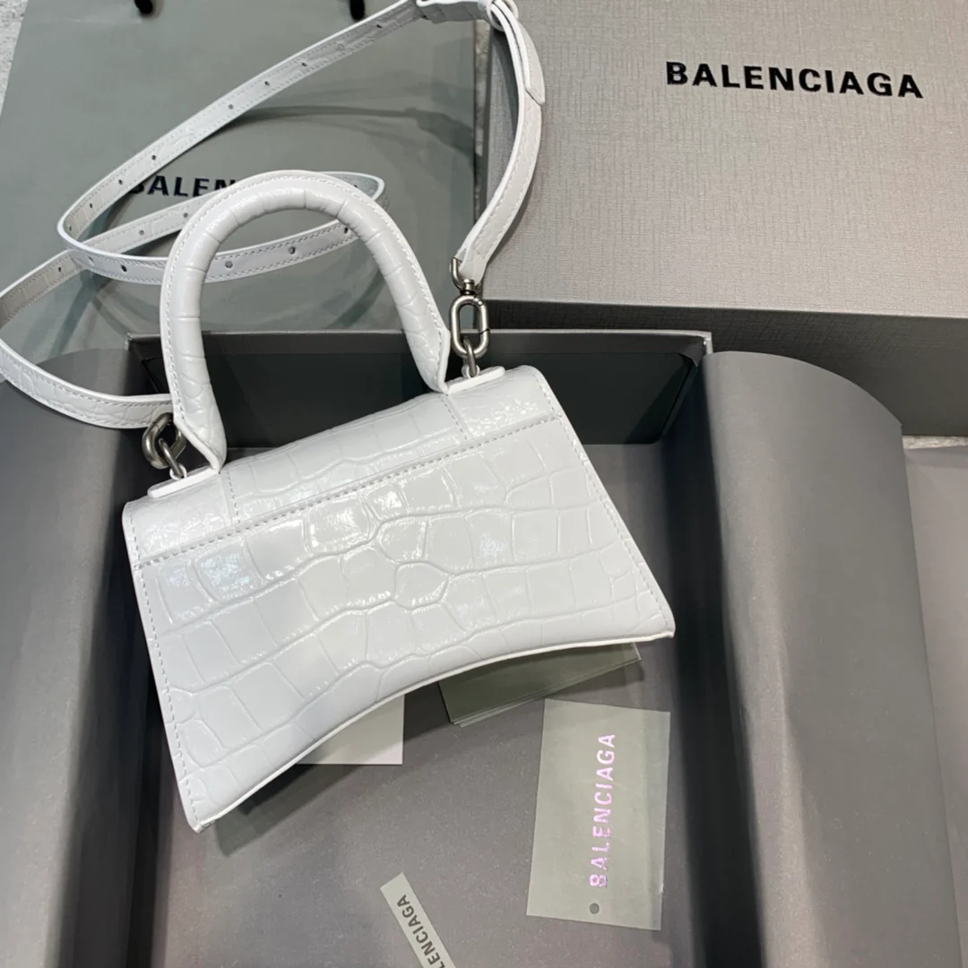 Сумка Balenciaga Hourglass, размер XS, белый цвет, крокодиловый принт.