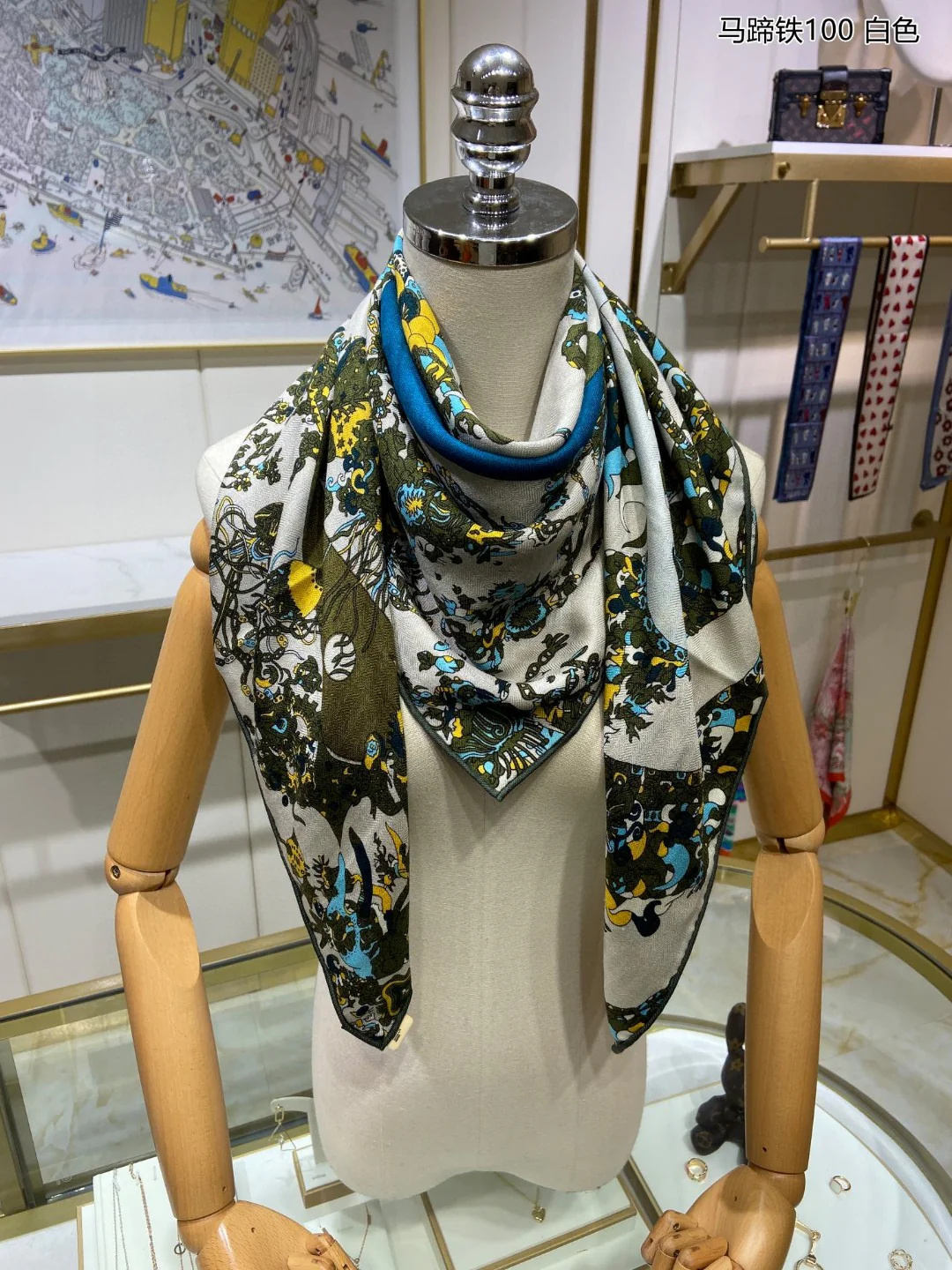 Кашемировый квадратный шарф Hermes в форме подковы - 100 см - 70 см - Кашемир - 30 см - Шелк - 1 см