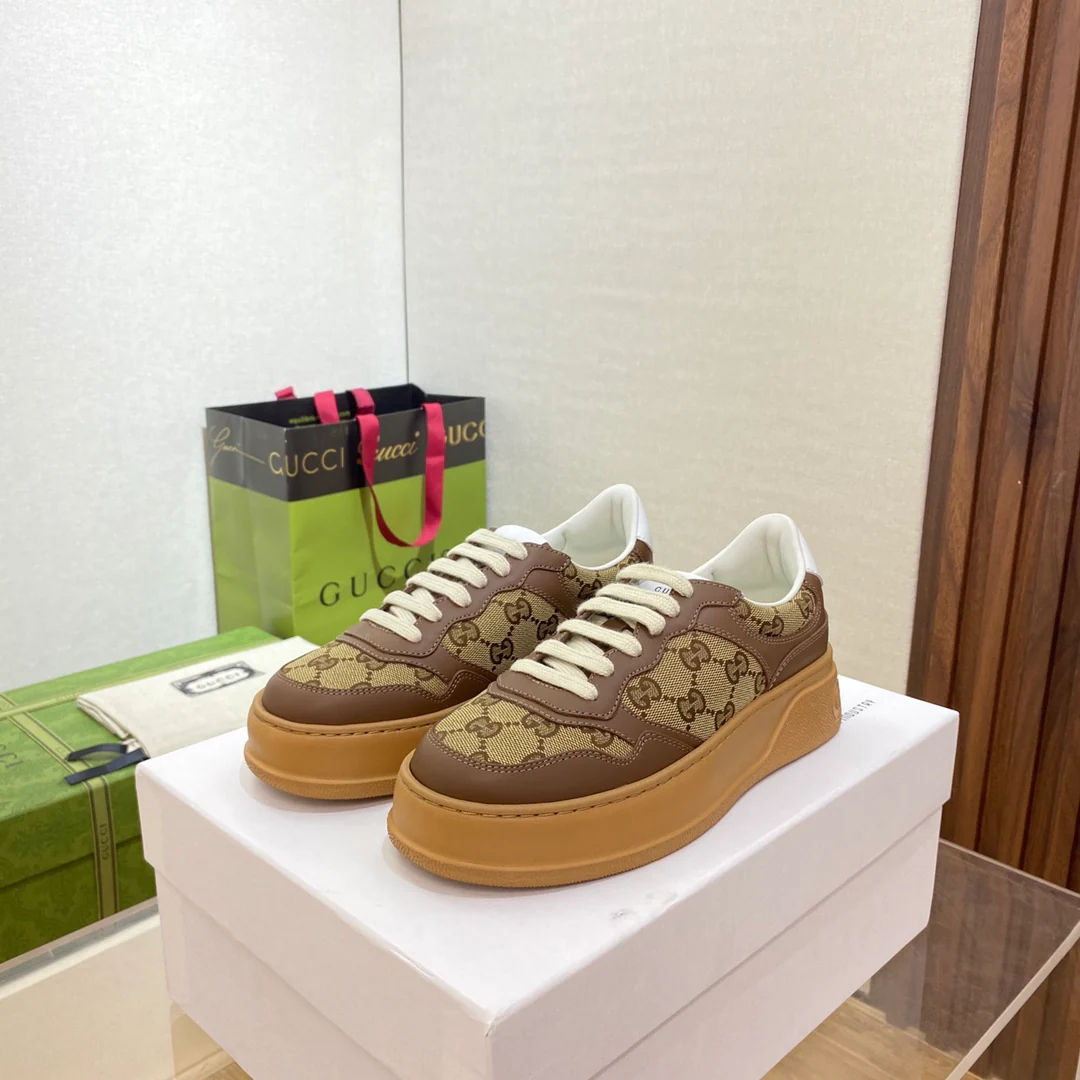 Белые кроссовки на платформе Gucci - унисекс - коричневые