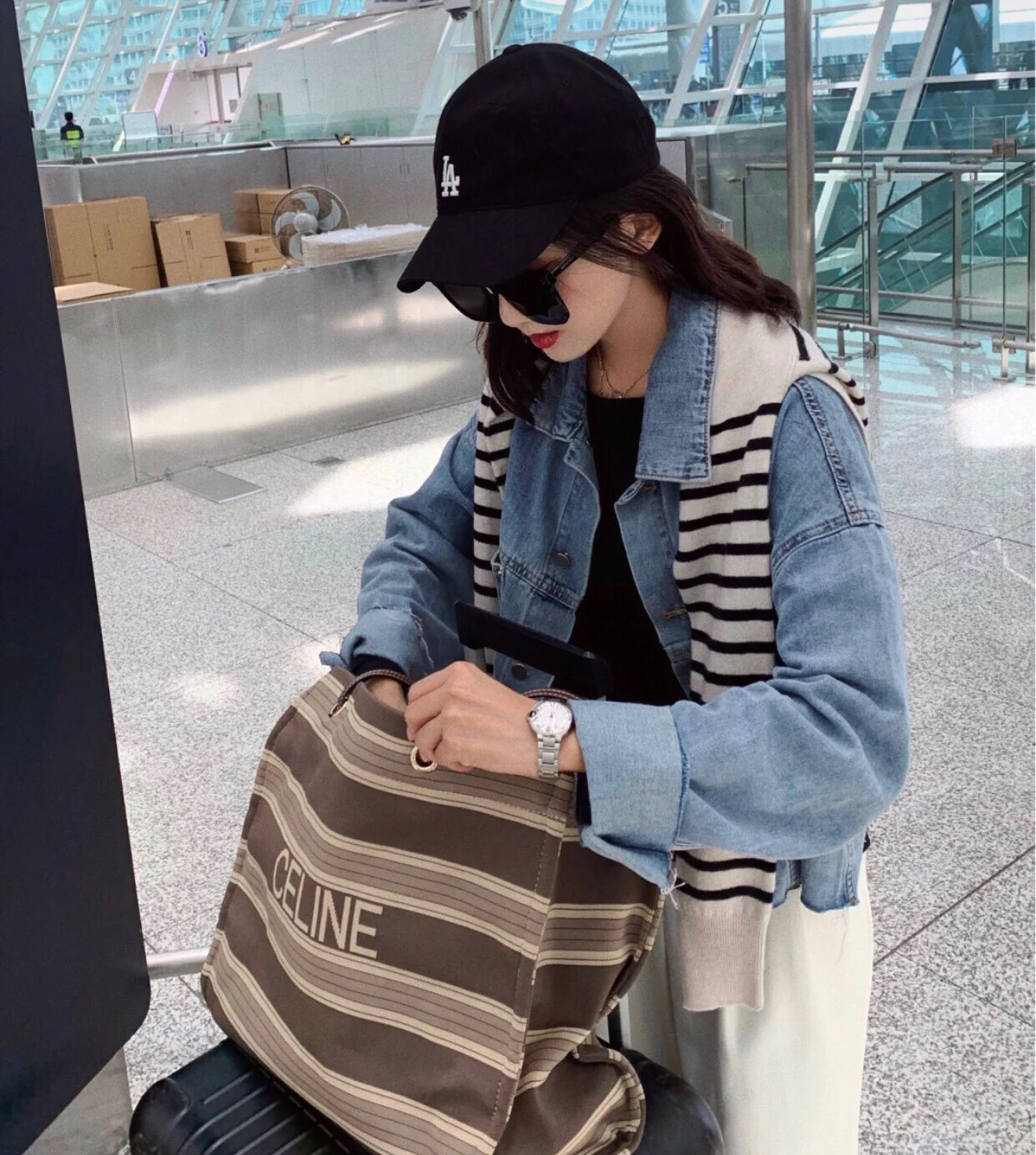 Celine - Квадратная сумка из полосатого жаккарда и телячьей кожи