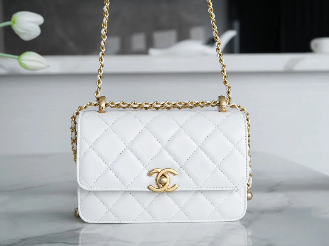 Chanel 24c Double Gold Ball CF Mini 19 White