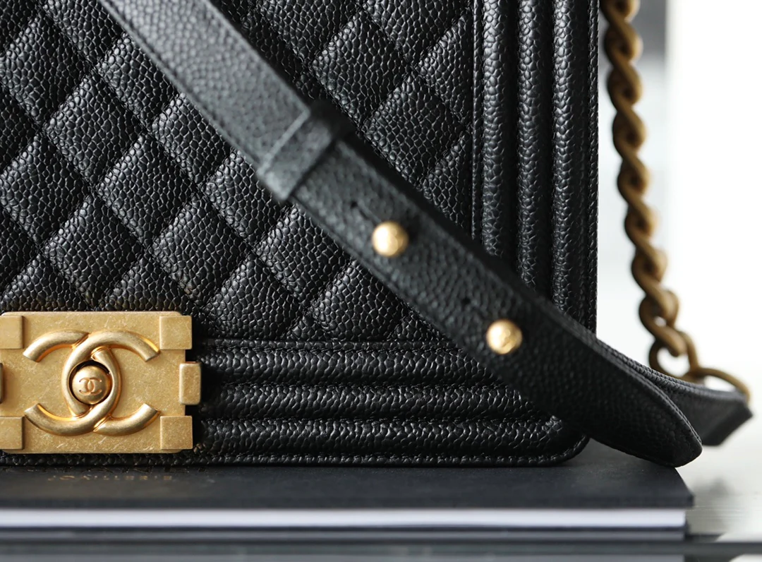 Chanel Le Boy Crystal Diamond Pattern Caviar - Medium - Black Gold