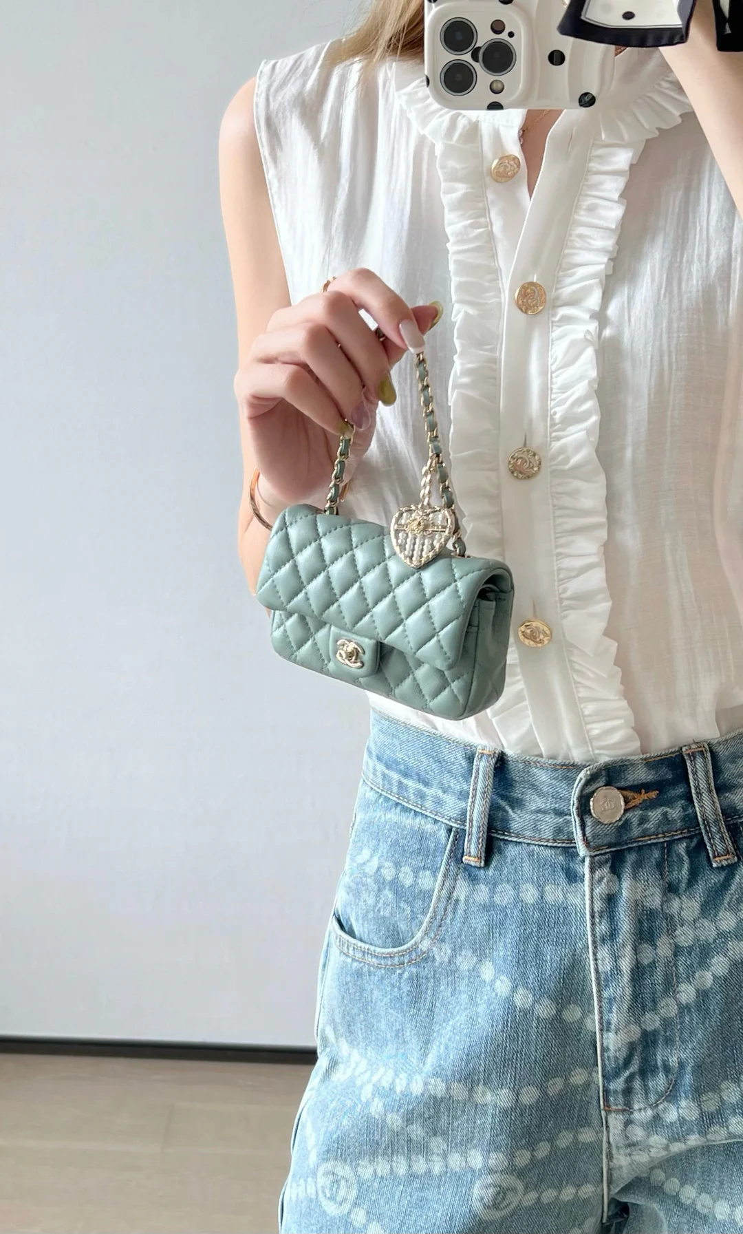 Подвеска Chanel 25a (CF) - Серо-голубая мини-версия - Светло-золотистая пряжка