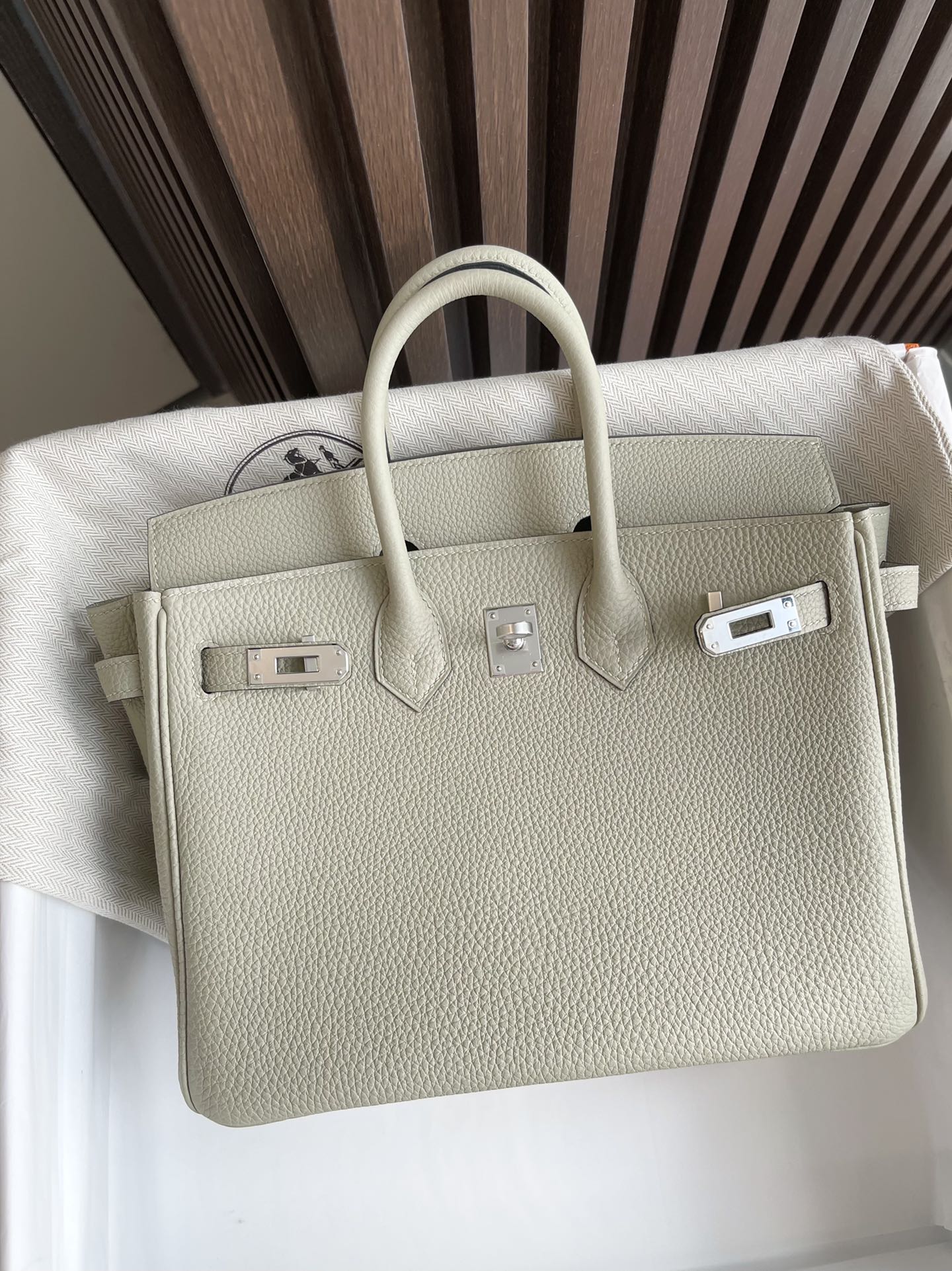 Сумка Hermes Birkin 25 из кожи Togo, шалфейно-зеленого цвета, с серебряной пряжкой.