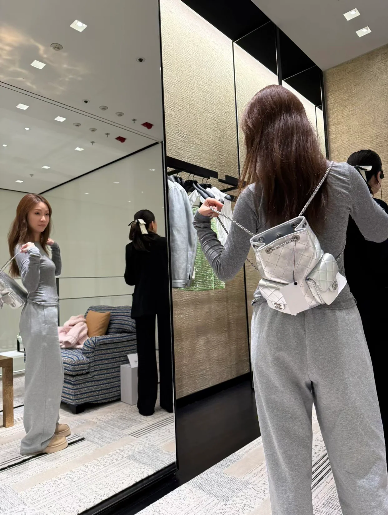 Рюкзак Chanel 25c на завязках - серебристый