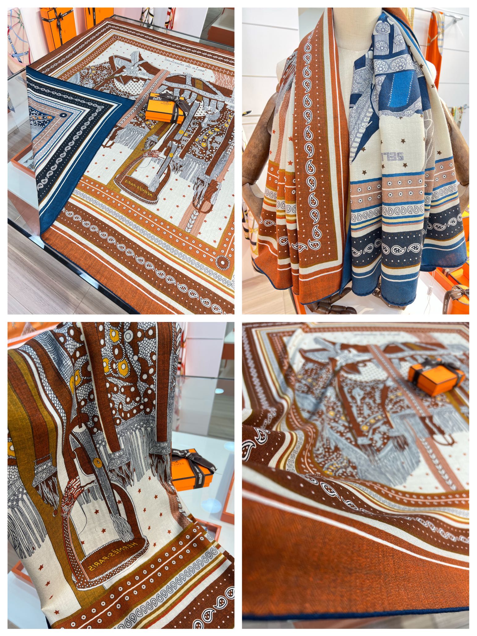 Большой двусторонний бархатный шарф Hermes - 140 см - 002