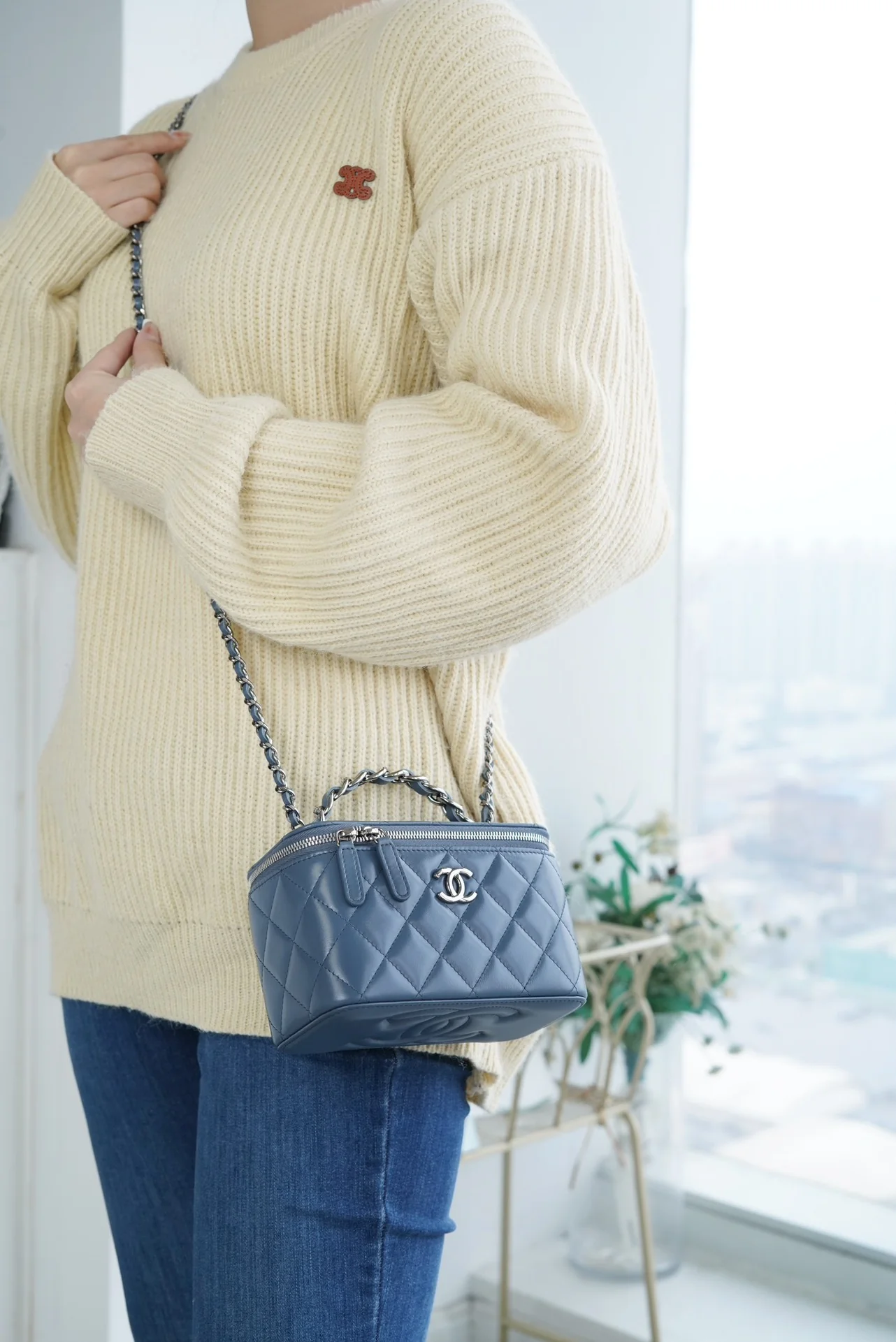 Chanel - Маленькая сумка Double C - Длинная сумка-коробочка с ручками - Пыльно-голубой