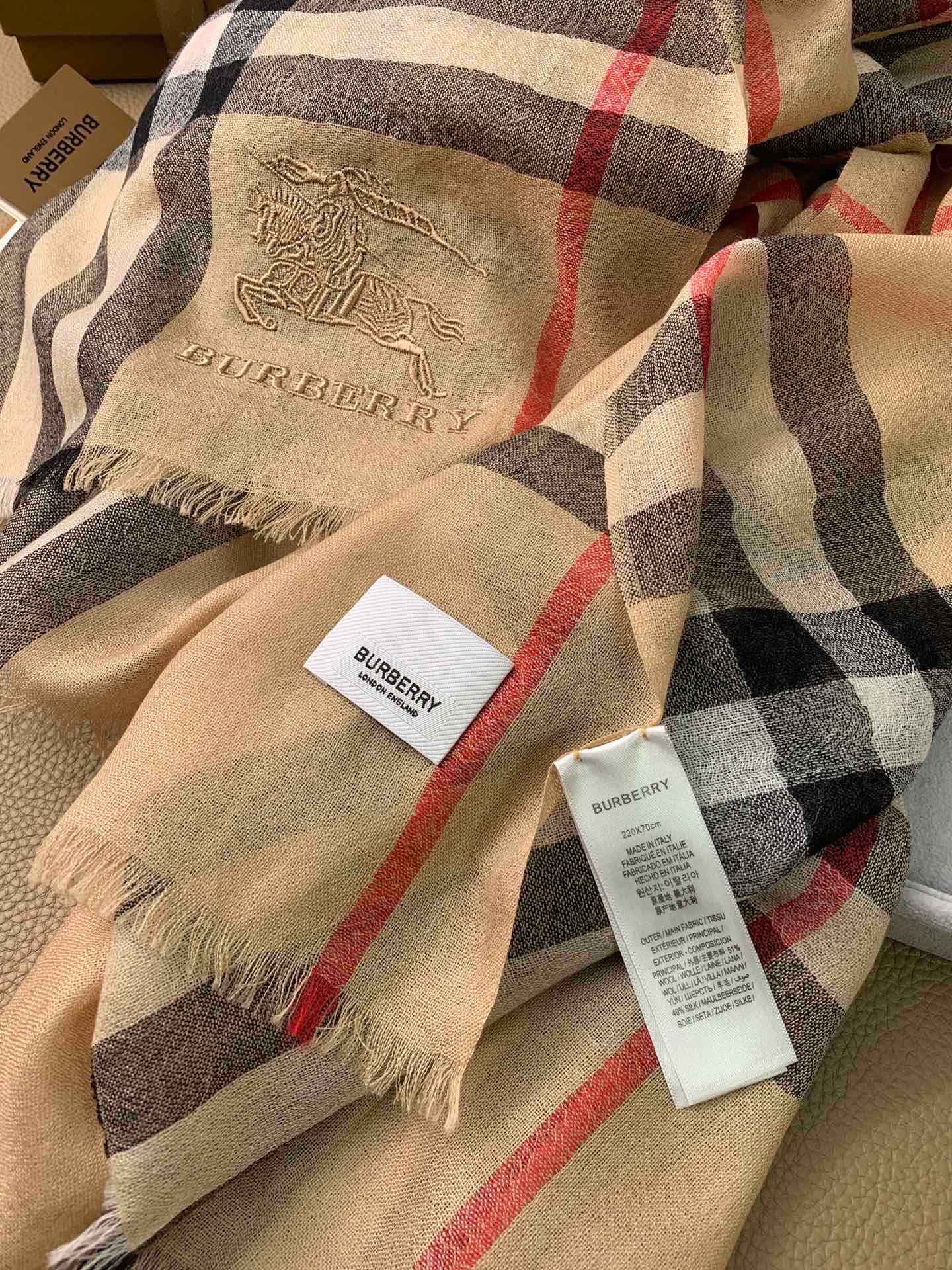 Кашемировый клетчатый шарф Burberry - Aquatic Cashmere, ультратонкий, 300 нитей - коричневый