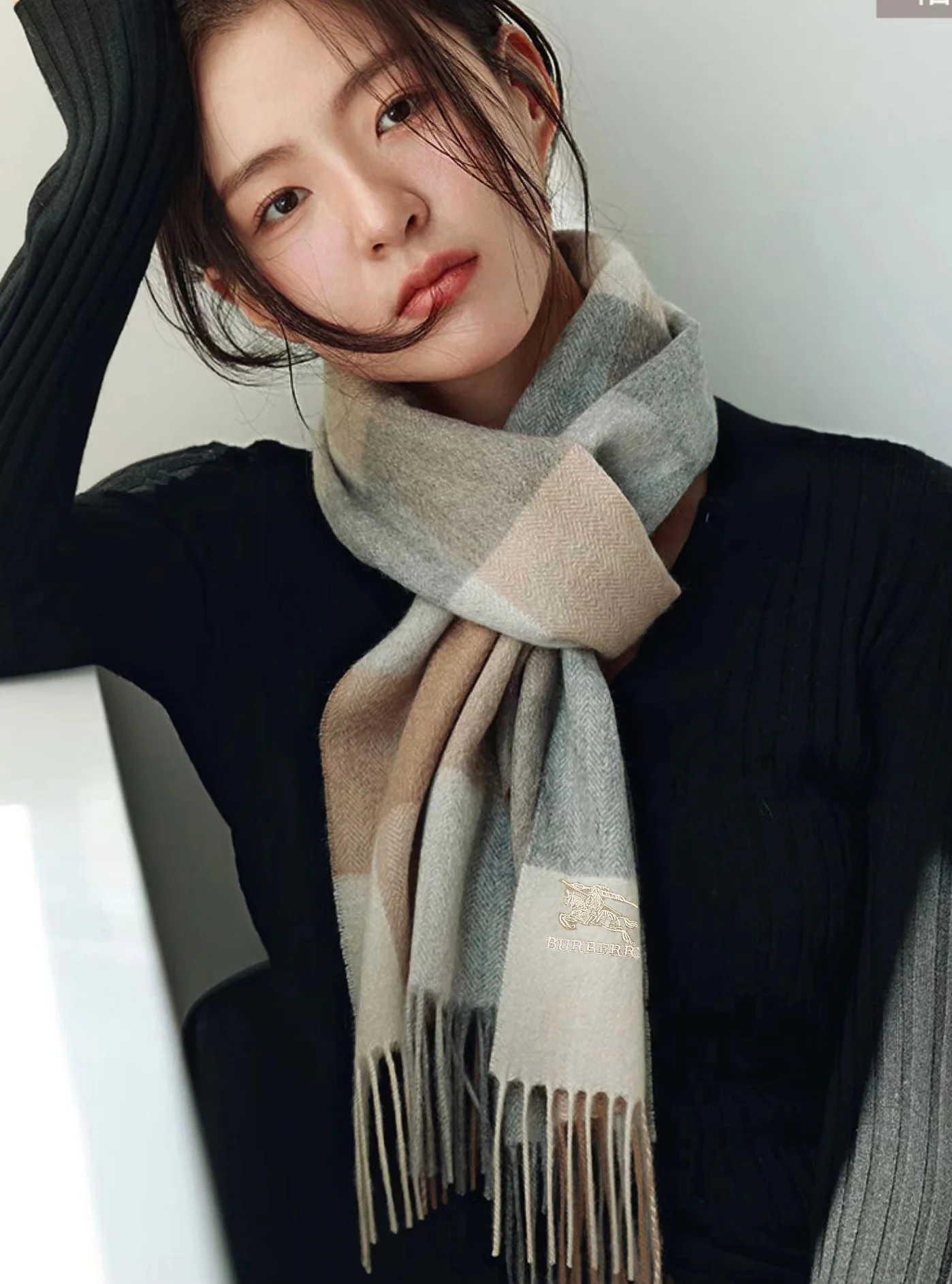 Классический шарф Burberry с бахромой - Размер 30 - 180 см - 100 г - Высококачественный чистый кашемир - Серый