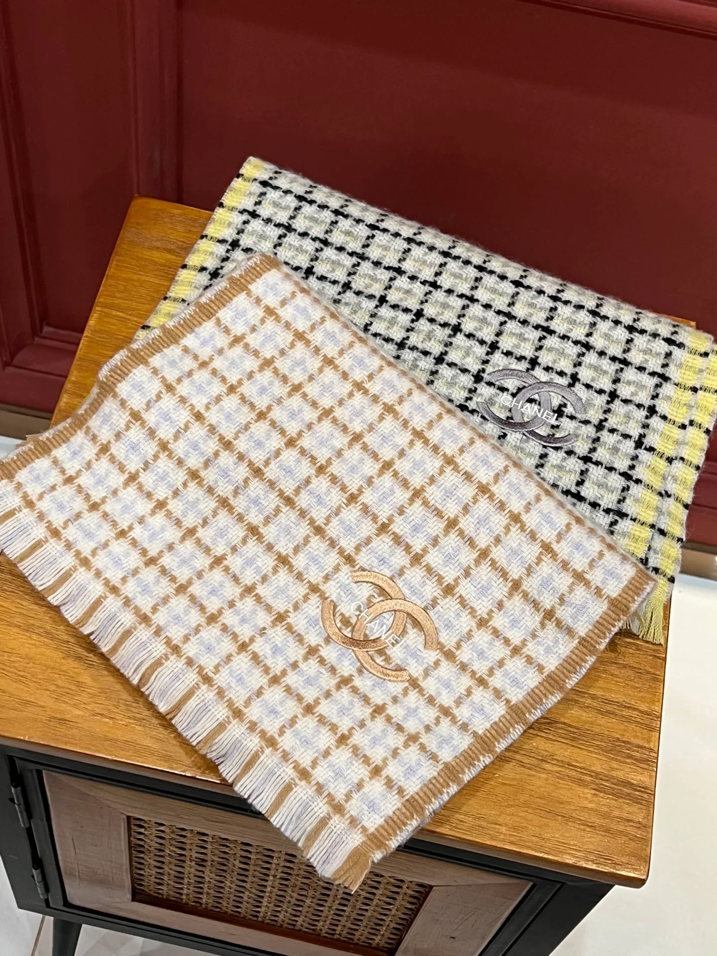 Шарф Chanel в клетку Double C - 190 см - 32 см - 100% кашемир - серый