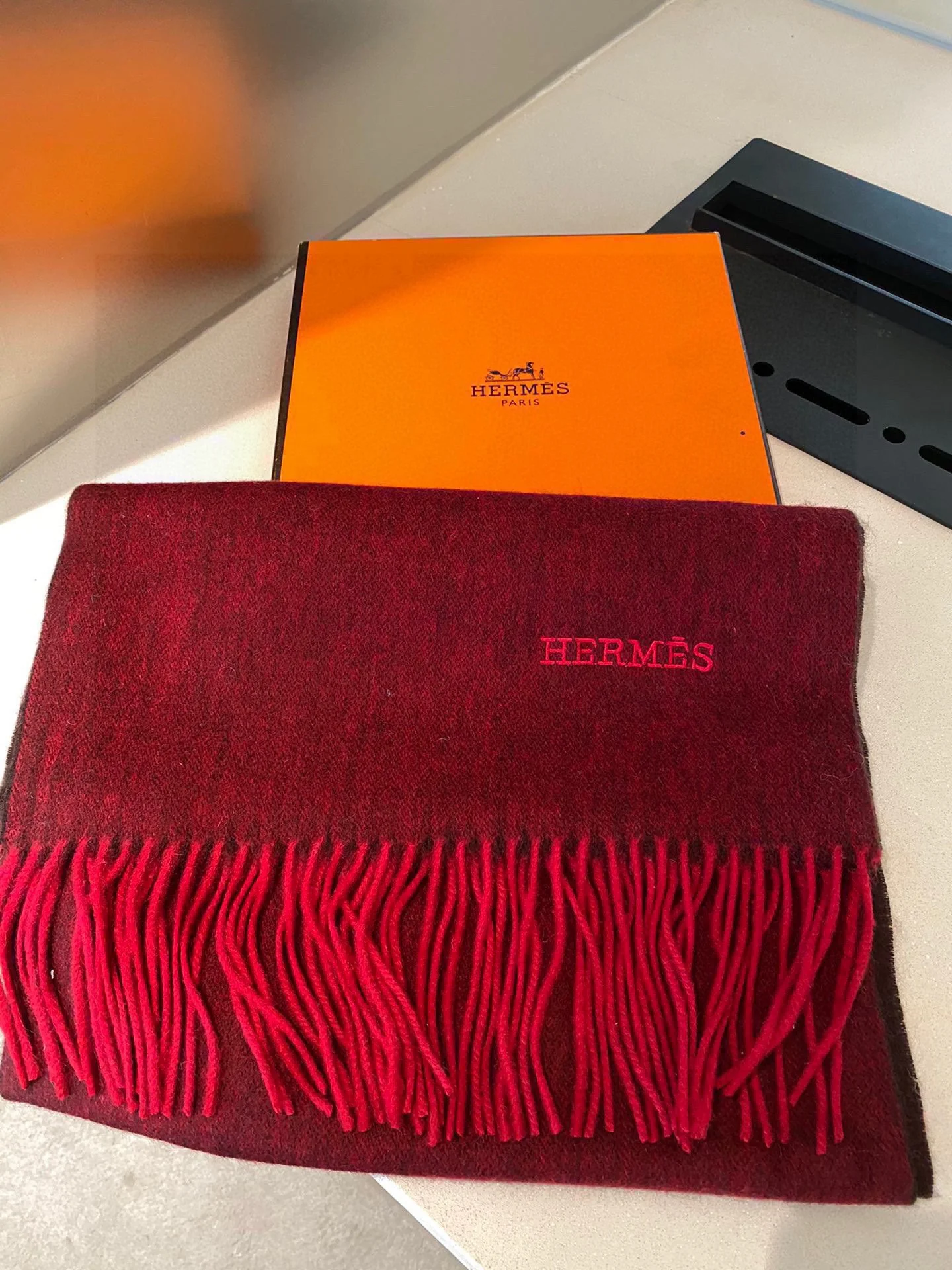 Двусторонняя кашемировая шаль/шарф Hermes - 210 см - красный