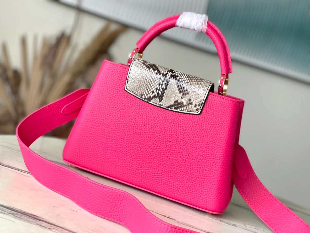 m48865-LV-Taurilon Leather-Capucines Handbag-Snake Skin Rose Red-Small Size