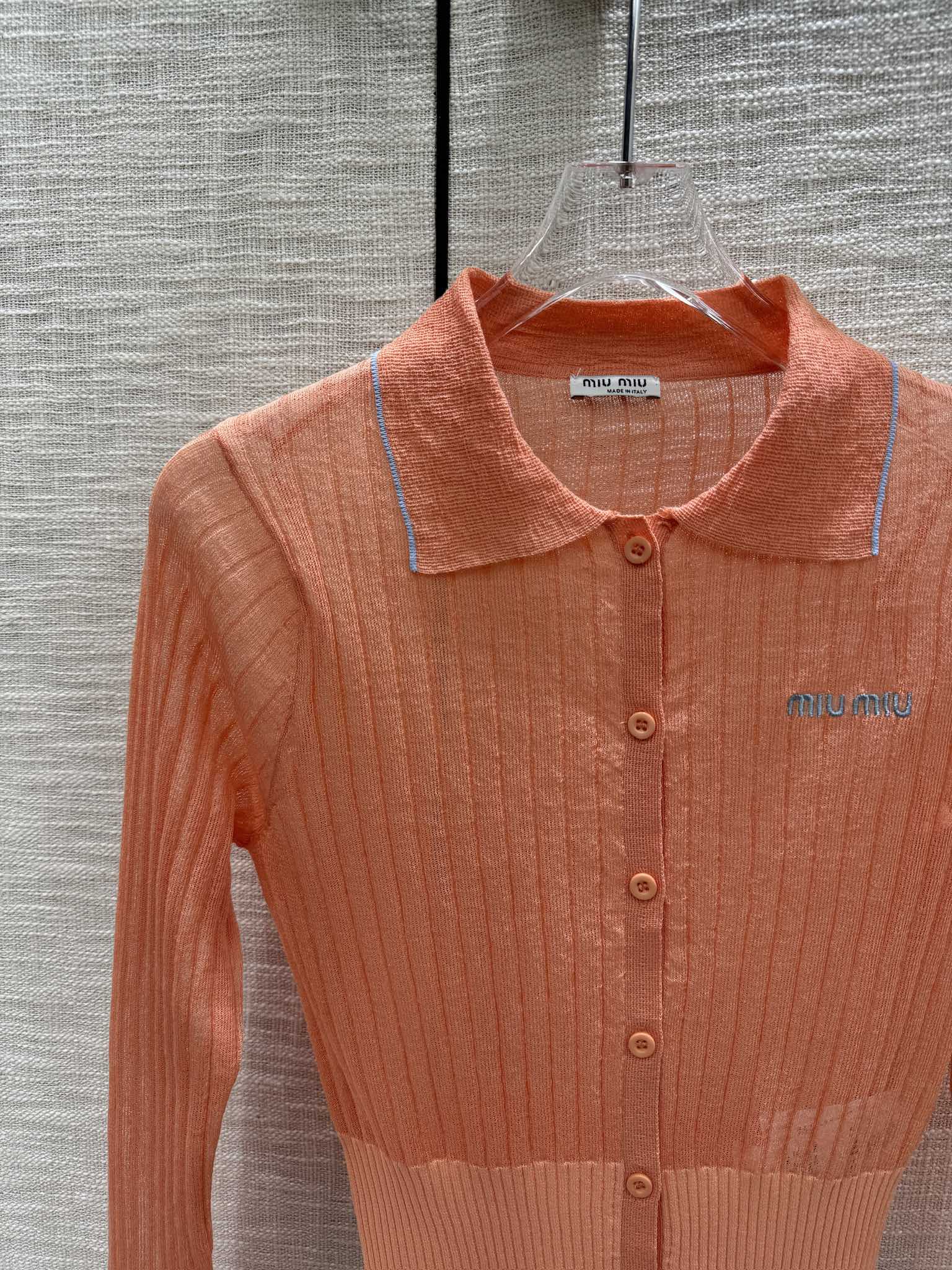 Miu Miu - 2404 - Вязаный кардиган с длинными рукавами и воротником-поло в стиле колор-блок - Оранжевый
