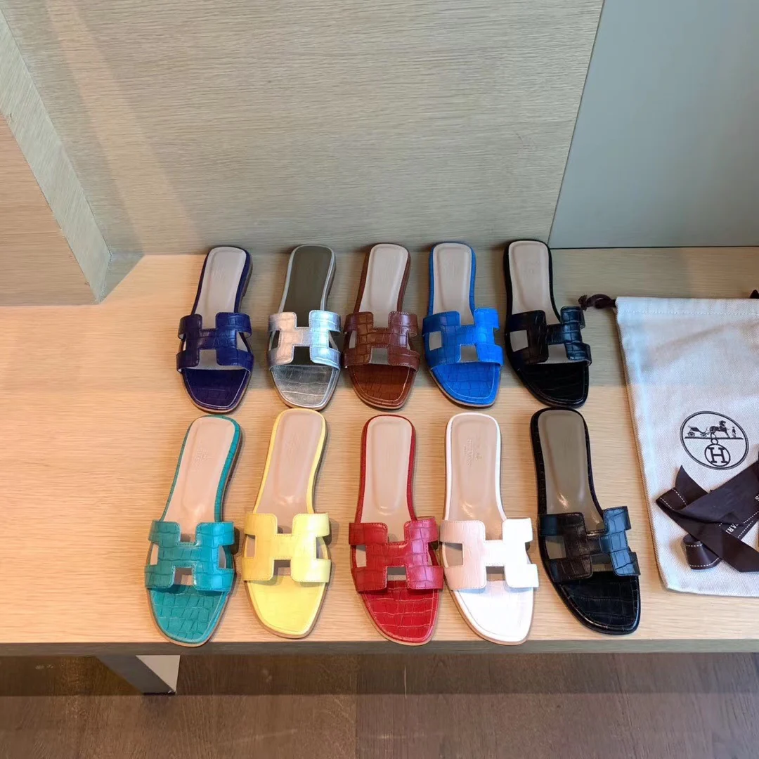 Классические тапочки Hermes с буквой H - Каменно-голубые