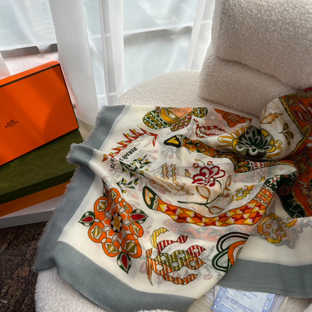 Кашемировый шарф Hermes с принтом - 105 см - 200 см - 100 см - Высококачественный чистый кашемир