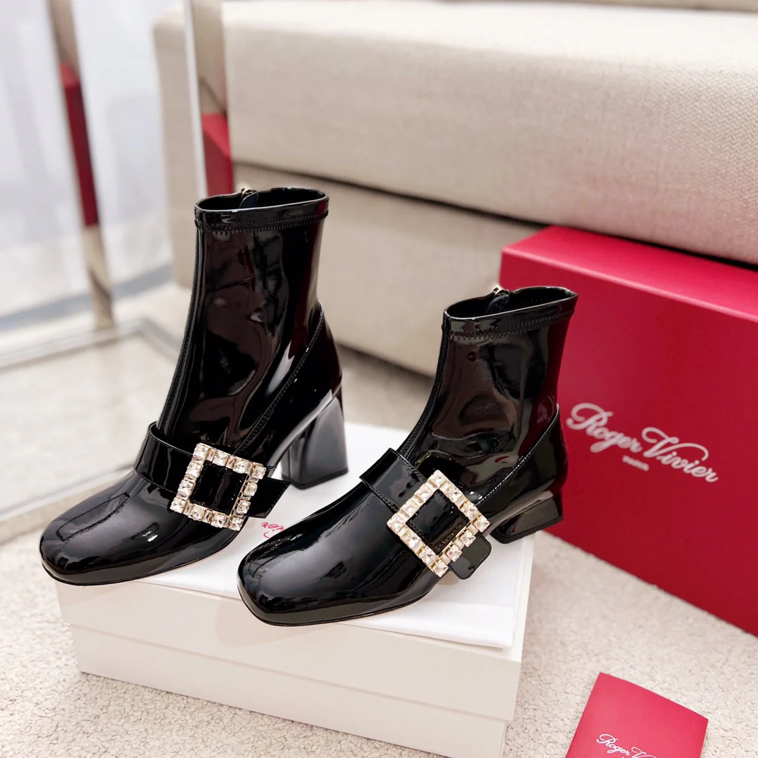 Обувь RV - Tres Vivier - Ботильоны на массивном эластичном каблуке - Черная лакированная кожа