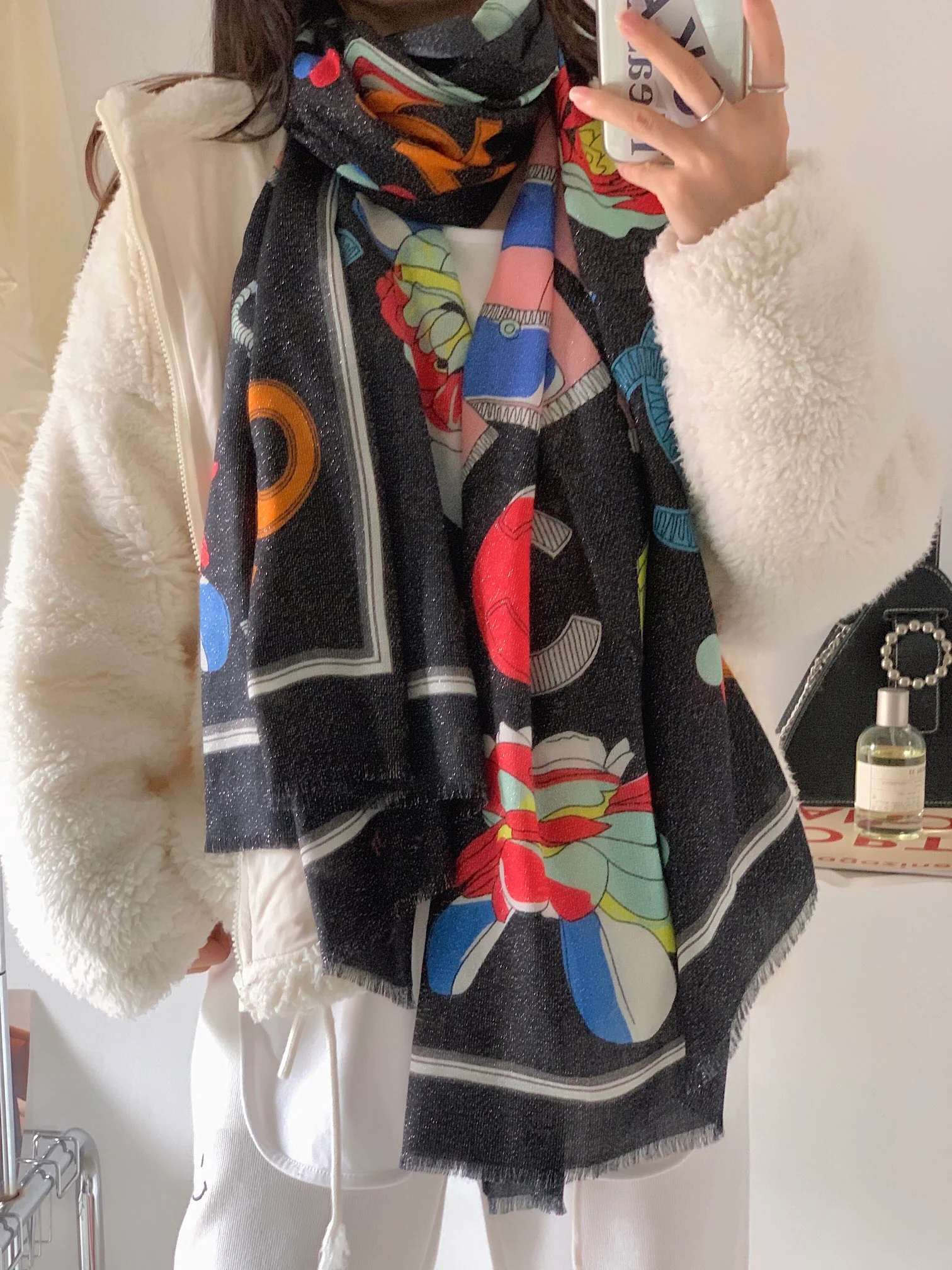 Chanel - Длинный шарф для девочек - 110-200 см - 100% кашемир - Черный