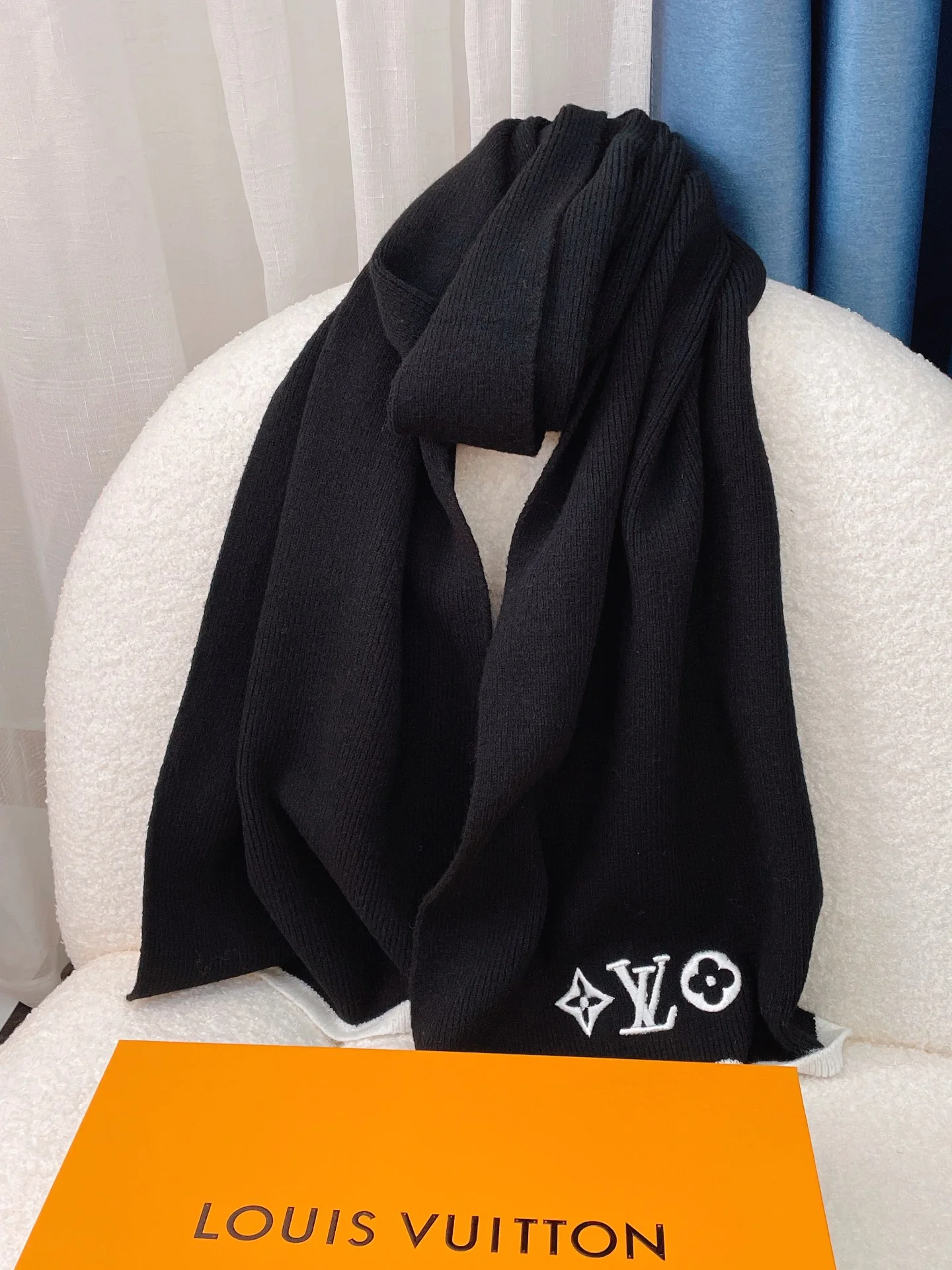 LV - Кашемировый вязаный шарф премиум-класса - 35 см - 200 см - Черный