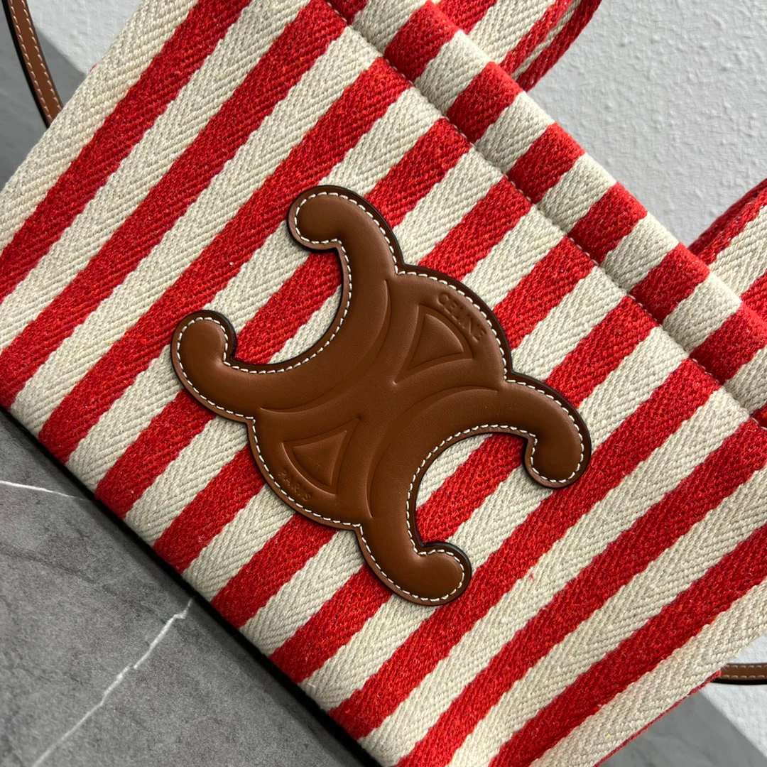 Сумка-шоппер Celine Cabas Thais в полоску из холста — маленькая, красно-белая.