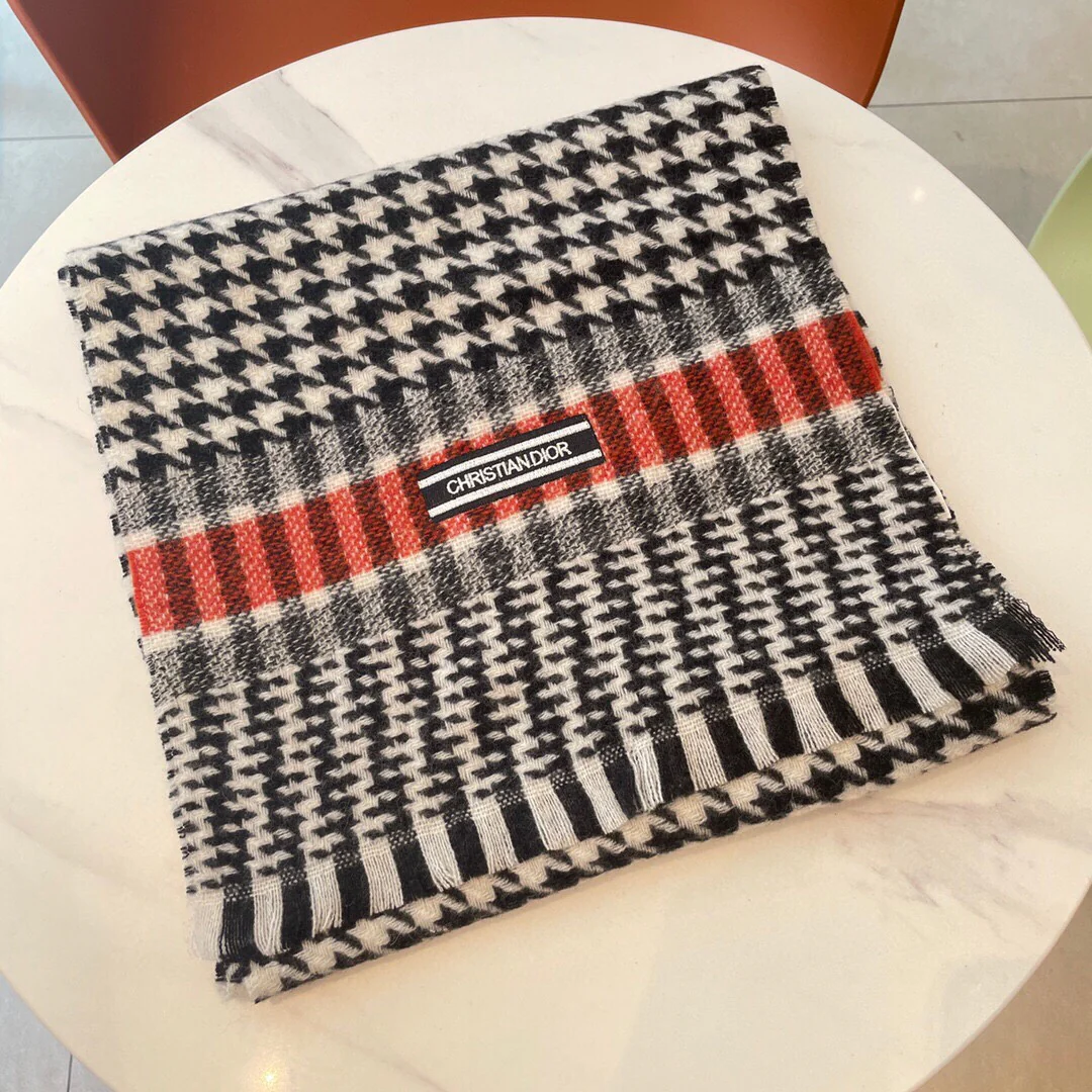 Легкий флисовый шарф Dior ?Гусиная лапка? — Размер 34 — 188 см — 100% овечья шерсть