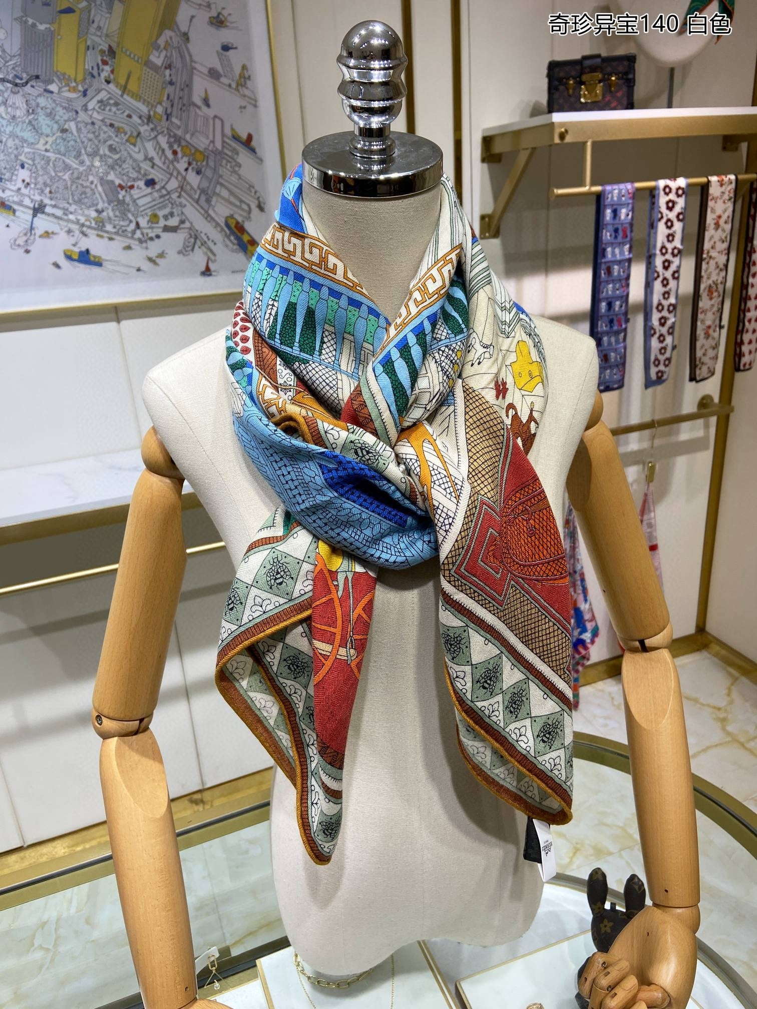 Большой квадратный шарф Hermes Exotic Treasures - 140 см - 70% кашемир - 30% шелк - синий