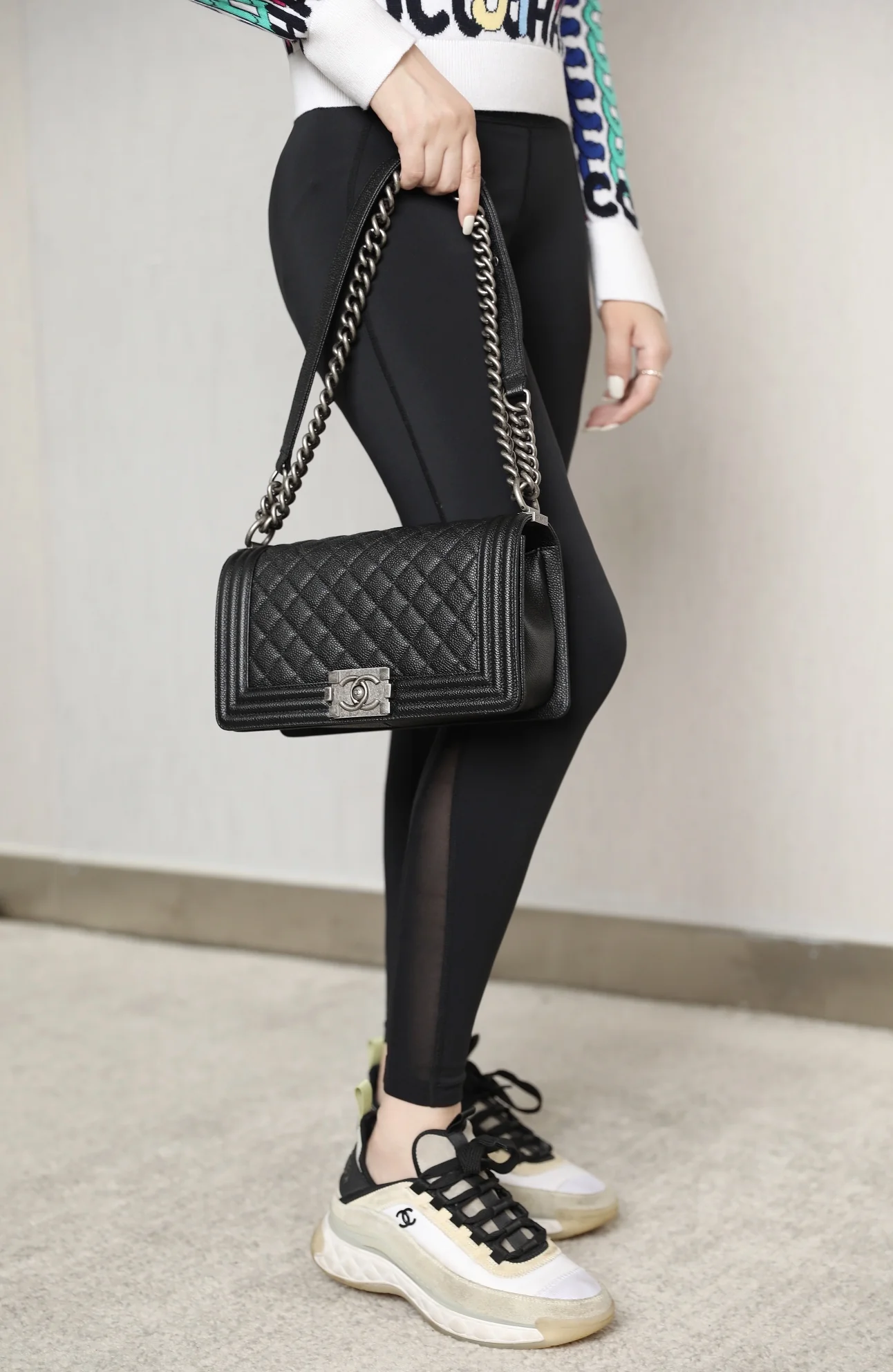 Chanel Le Boy Crystal Diamond Pattern Caviar - Medium - Black Silver