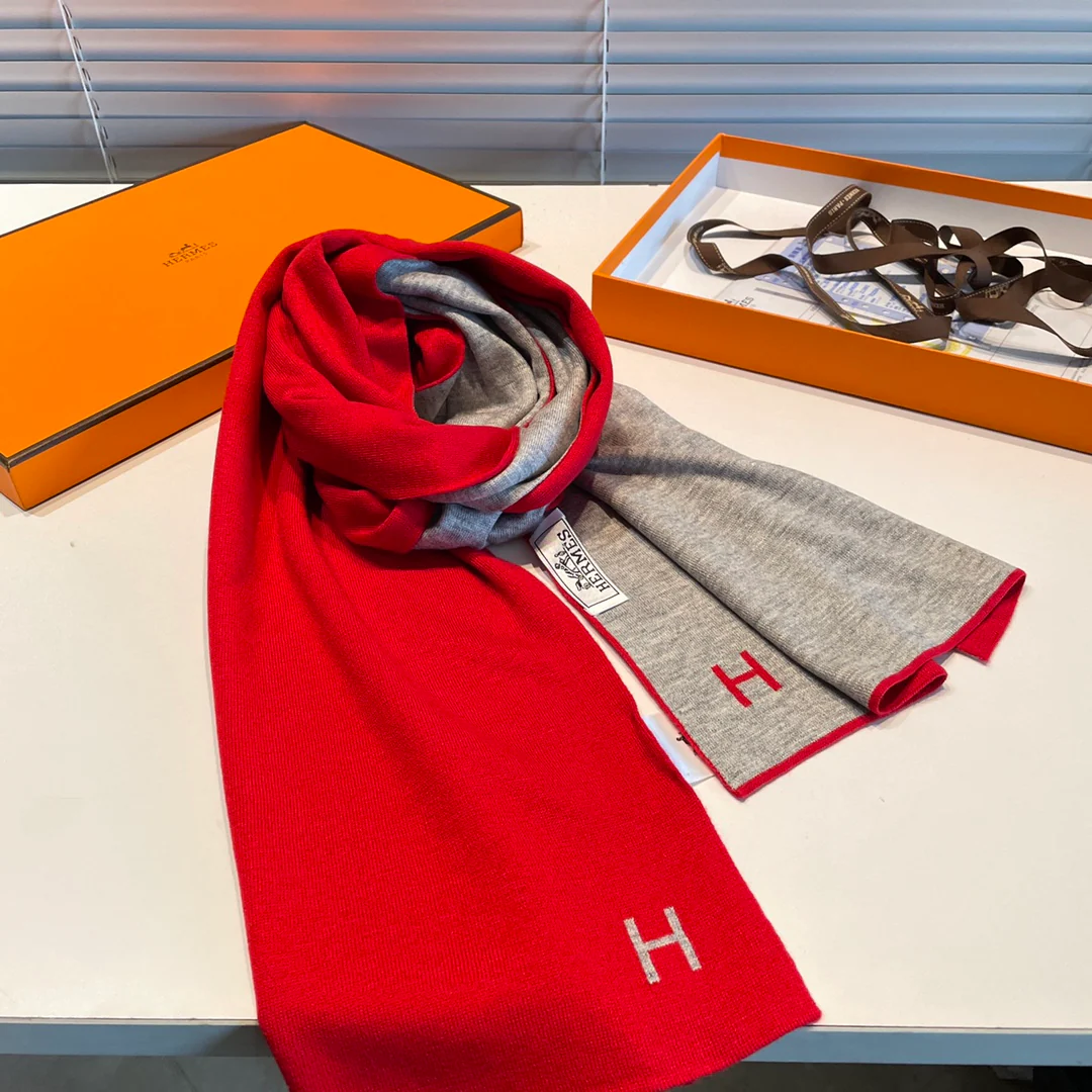 Вязаный кашемировый двусторонний шарф Hermes - 32 см - 180 см - красновато-серый