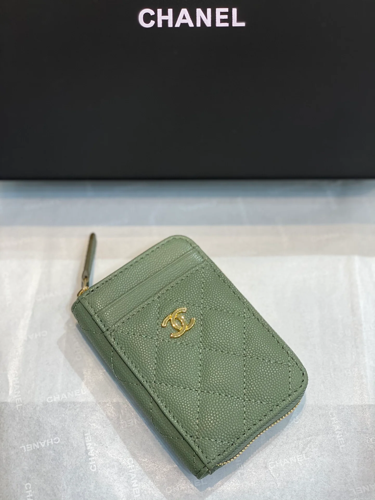 Chanel-菱格纹拉链卡包钱包 绿色