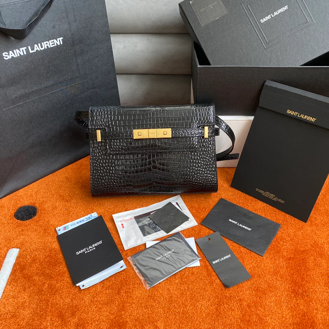 Сумка YSL Manhattan - с тиснением под крокодиловую кожу - черная с золотой фурнитурой - маленький размер