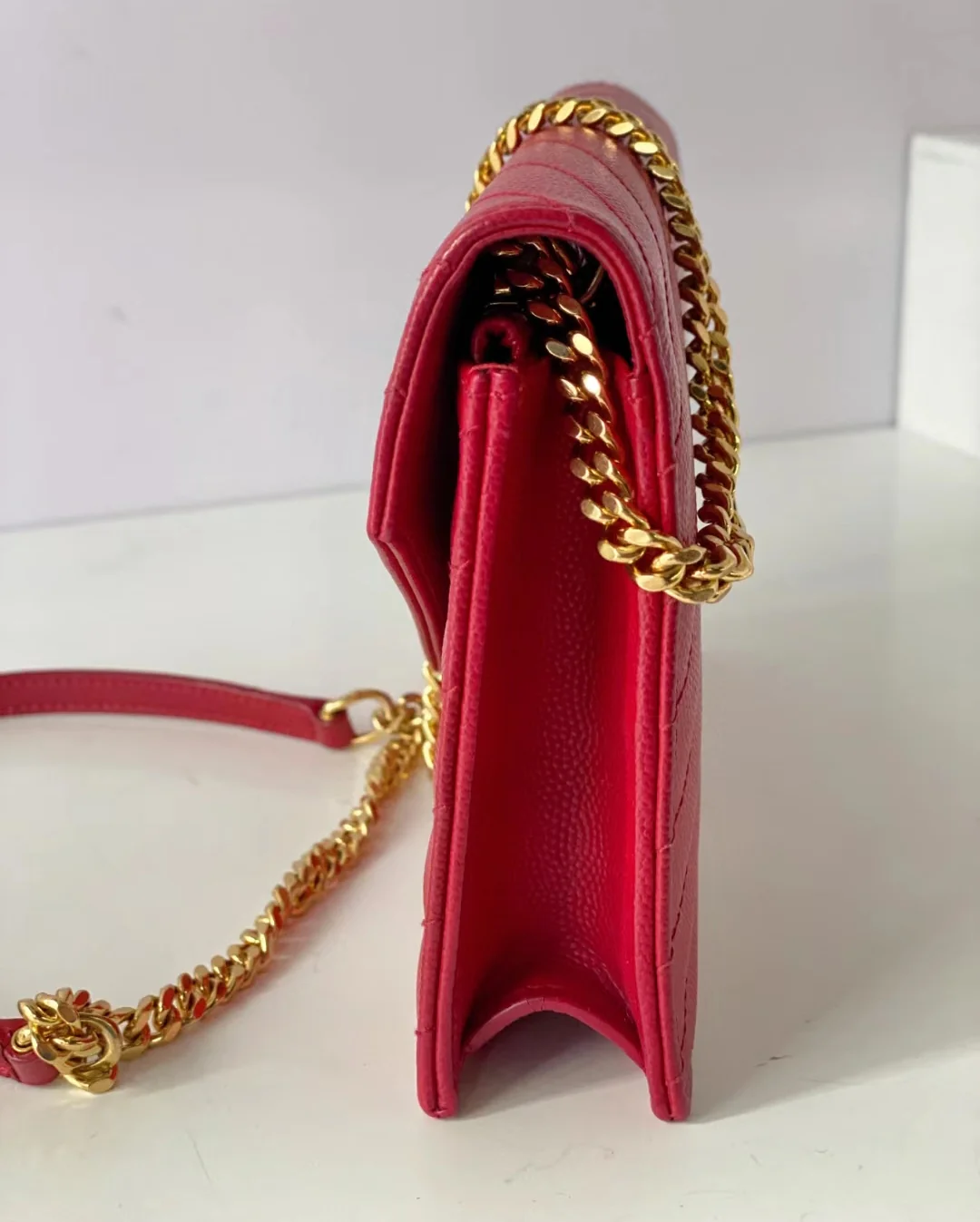 YSL Monogram Caviar WOC Red with Gold buckle 19cm