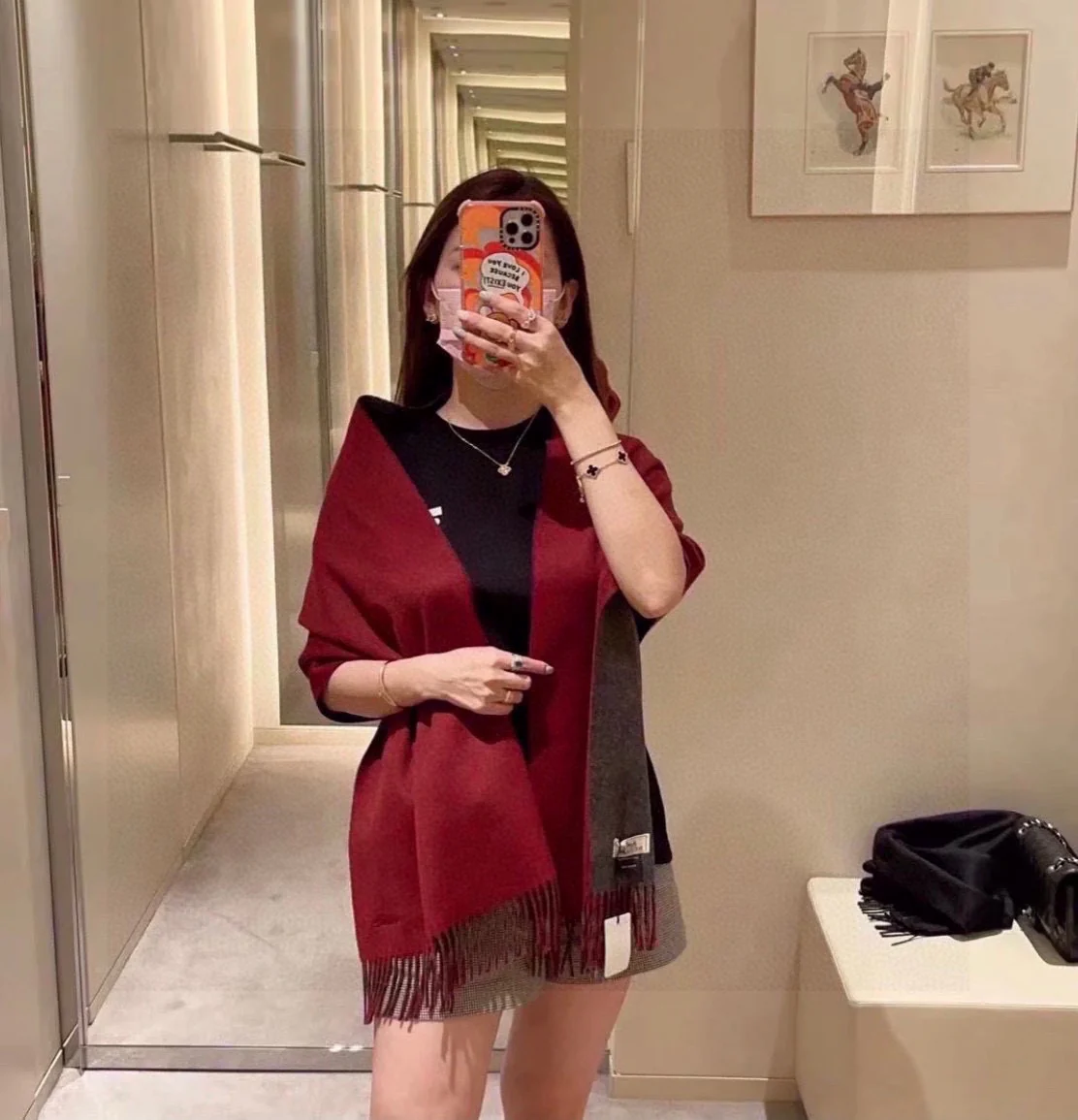 Двусторонняя кашемировая шаль/шарф Hermes - 210 см - красный