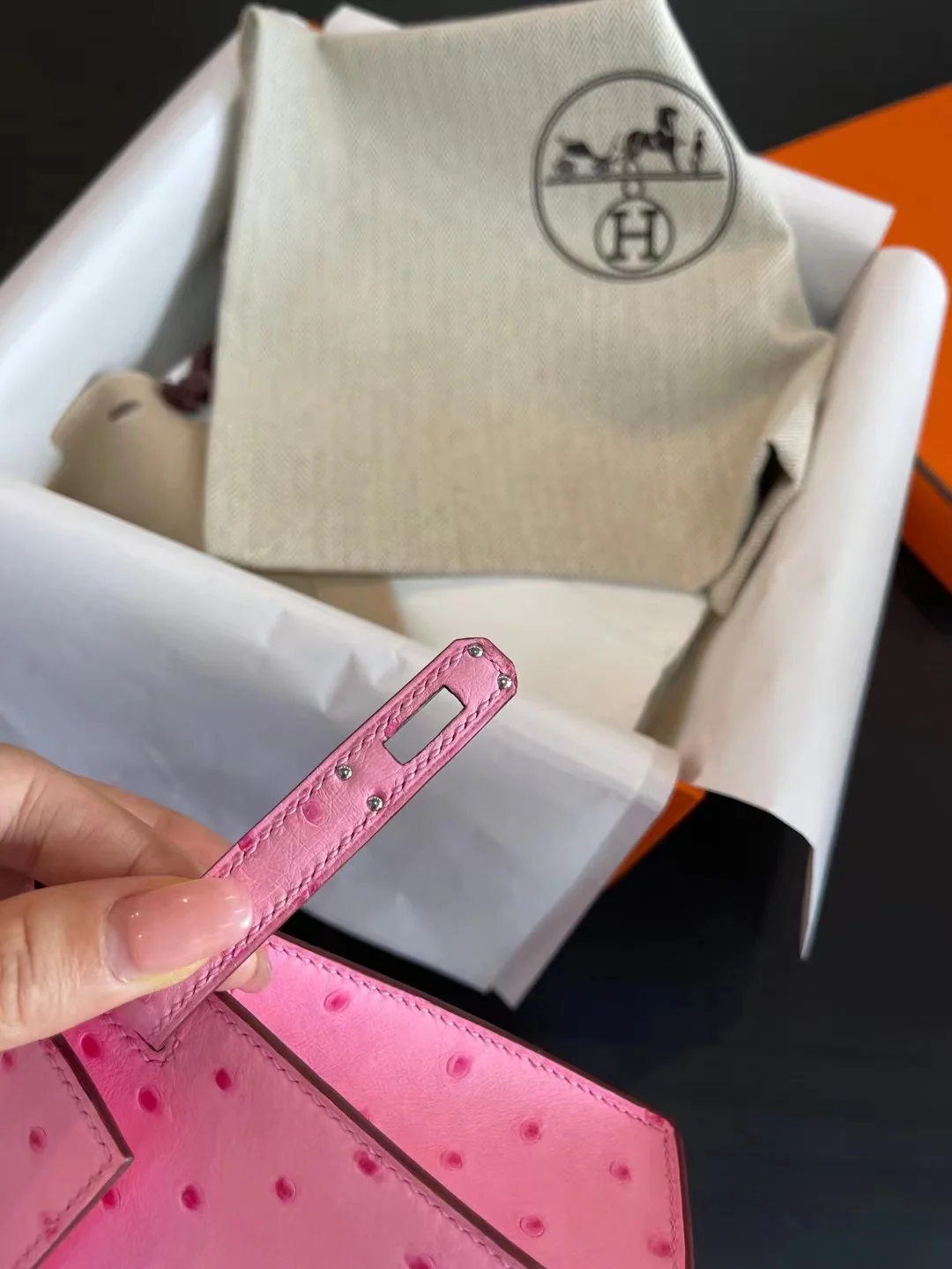 Миниатюрная пряжка Hermes Kelly Mini 2nd Generation из страусиной кожи с эффектом ?пузырьковой пудры?