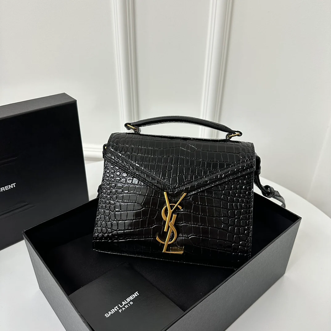 YSL Cassandra 20 см, маленький размер, крокодиловая кожа, черный