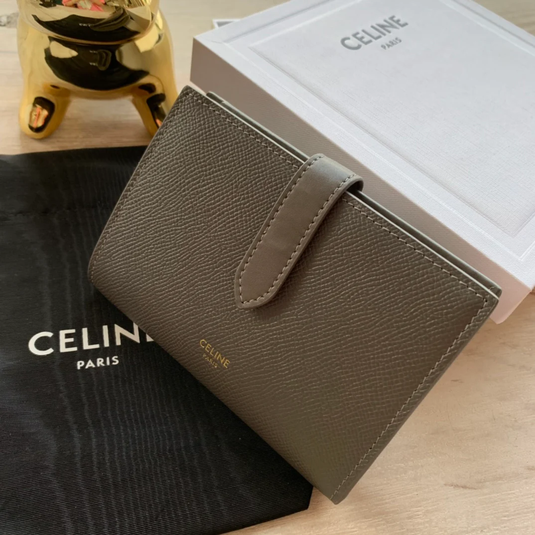 Кошелек Celine Strap из зернистой телячьей кожи — темно-серый