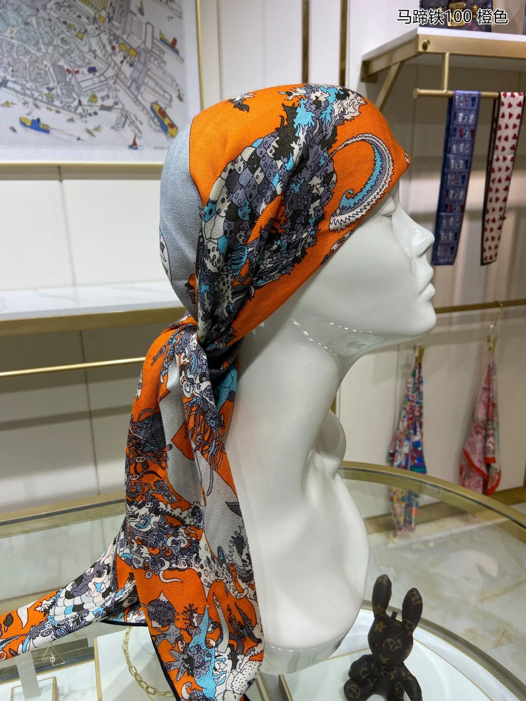 Кашемировый квадратный шарф Hermes в форме подковы - 100 см - 70 см - Кашемир - 30 см - Шелк