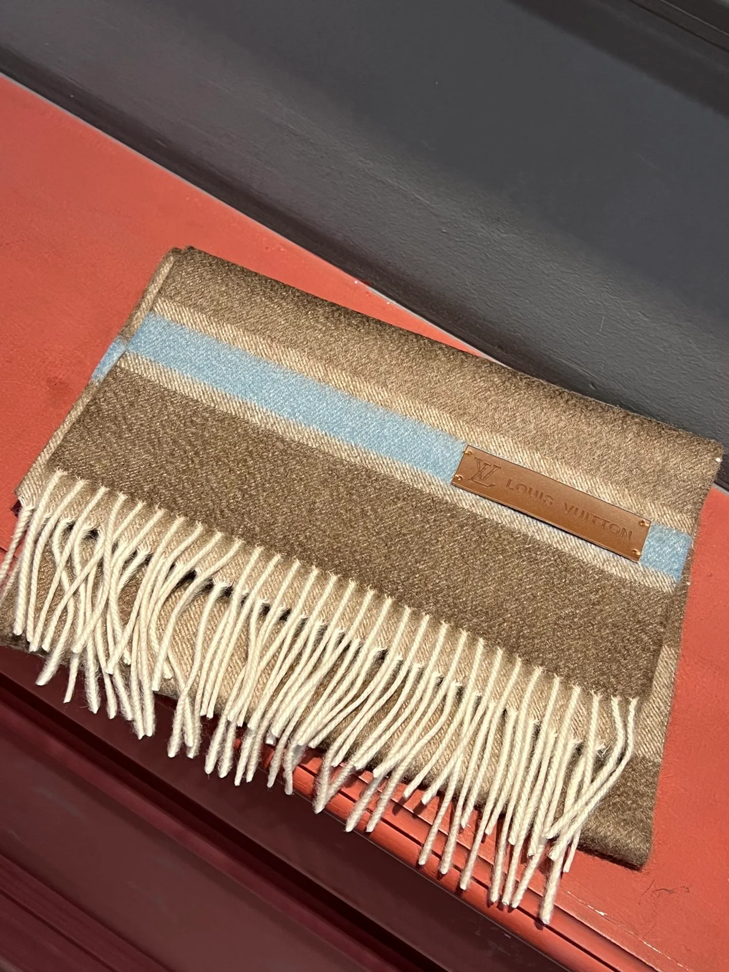 Двусторонний шарф LV Damier - 30 см (190 см) - с кисточками - 100% кашемир - коричневый