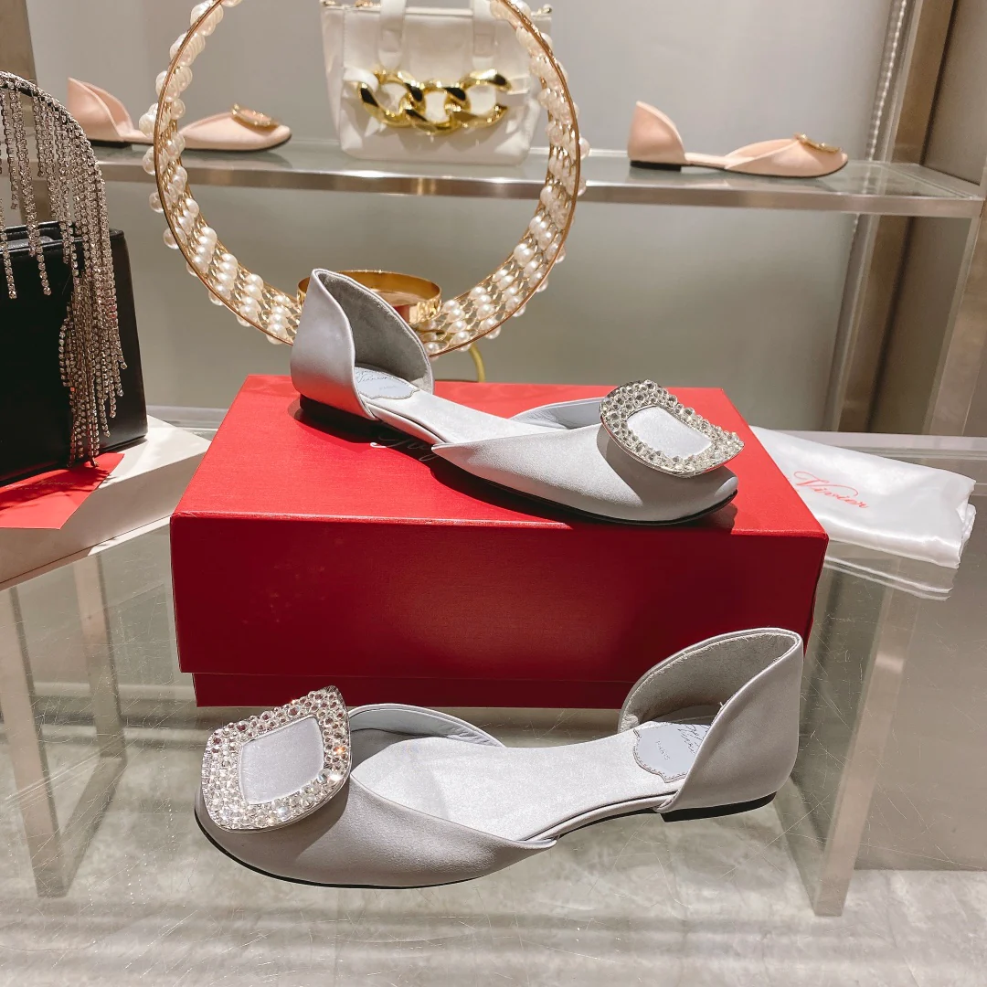 Обувь RV - Новинка весны/лета 2023 - Шелковый атлас с ажурной отделкой - Балетки - Серебристый